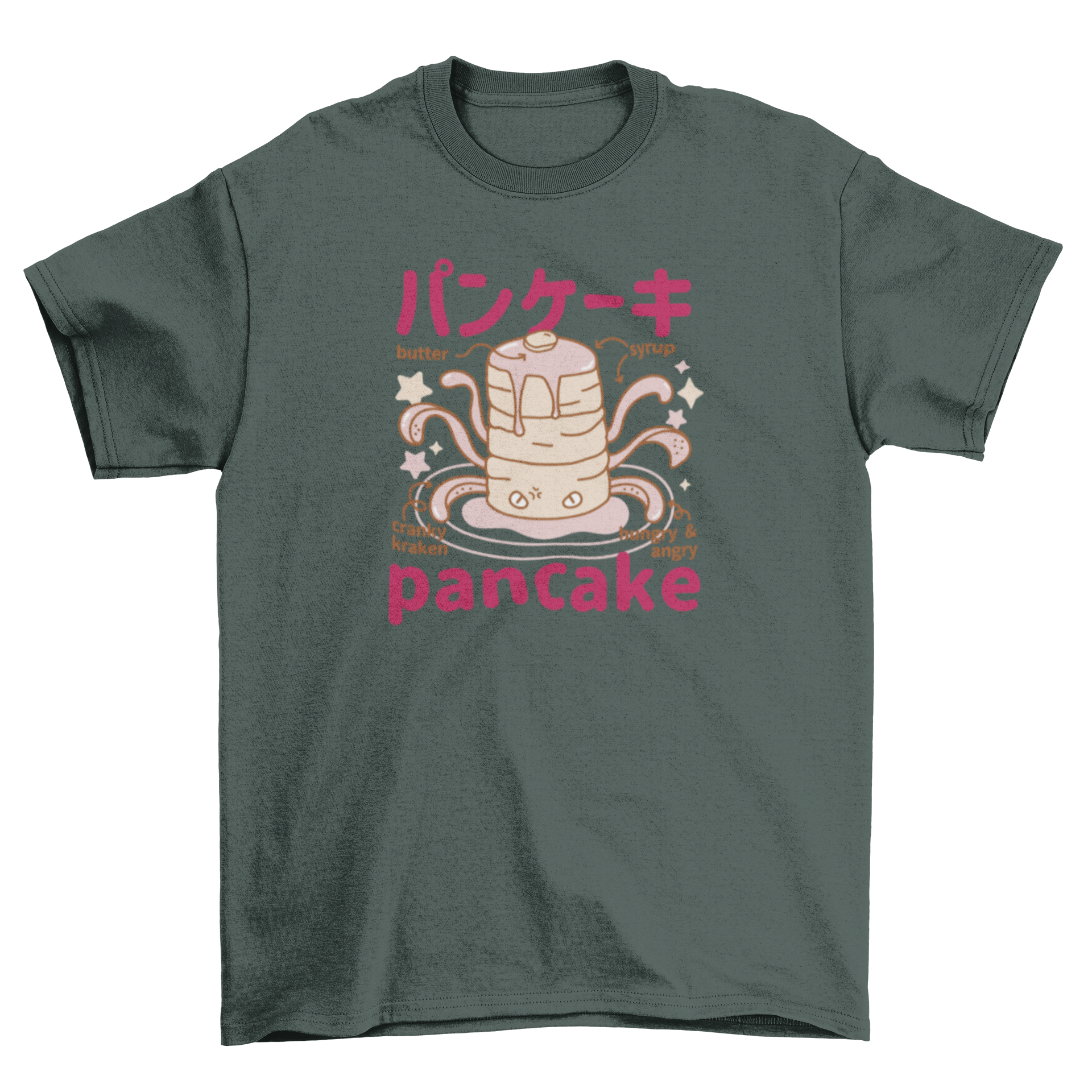 A playful t-shirt featuring a cute Japanese fluffy pancakes monster design, showcasing vibrant colors and a fun aesthetic.