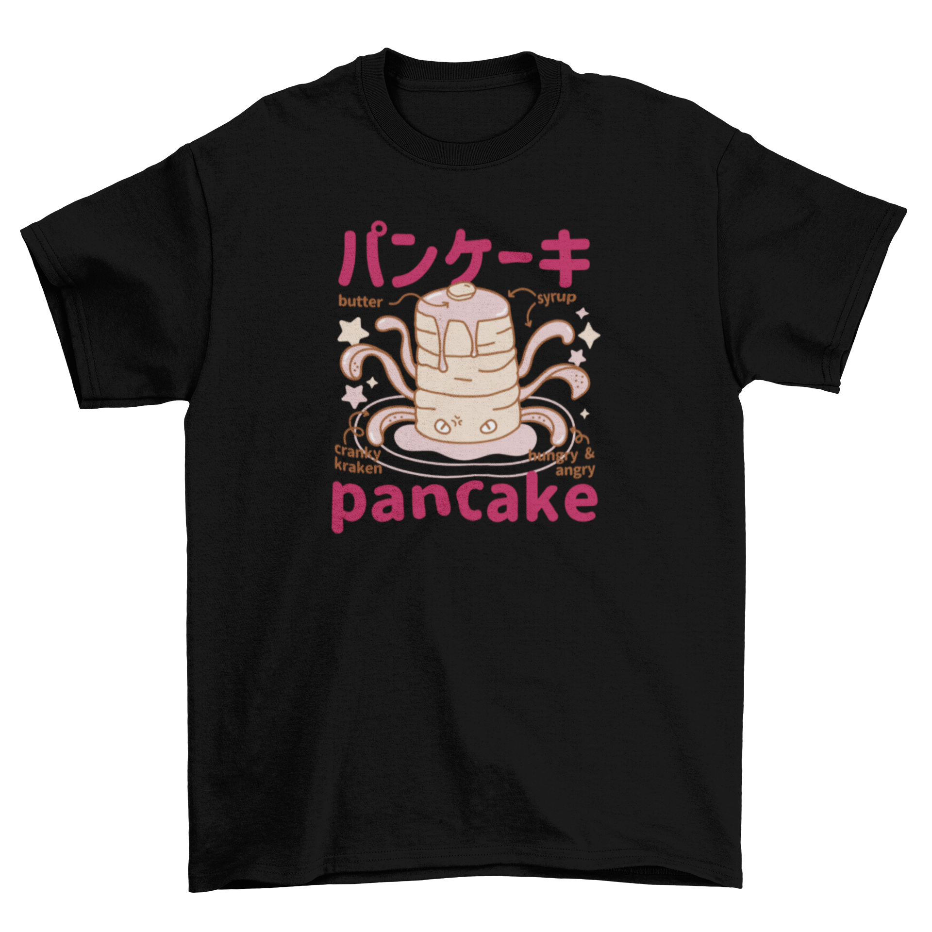 A playful t-shirt featuring a cute Japanese fluffy pancakes monster design, showcasing vibrant colors and a fun aesthetic.