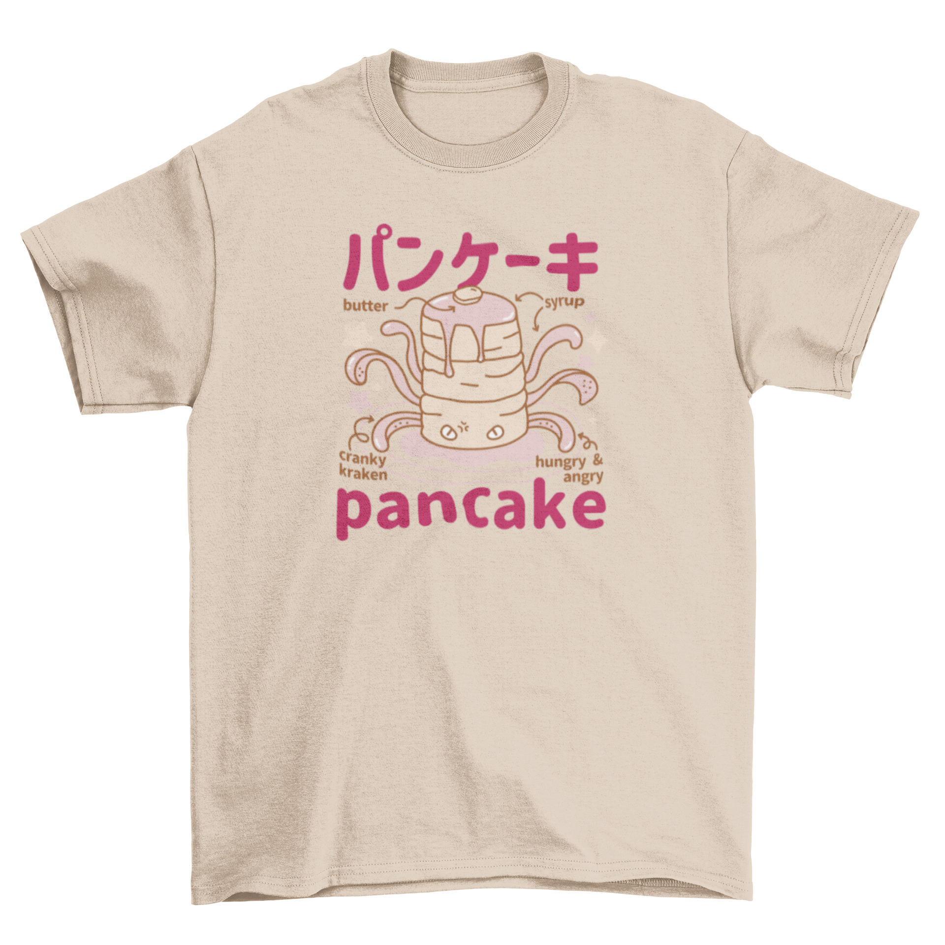 A playful t-shirt featuring a cute Japanese fluffy pancakes monster design, showcasing vibrant colors and a fun aesthetic.