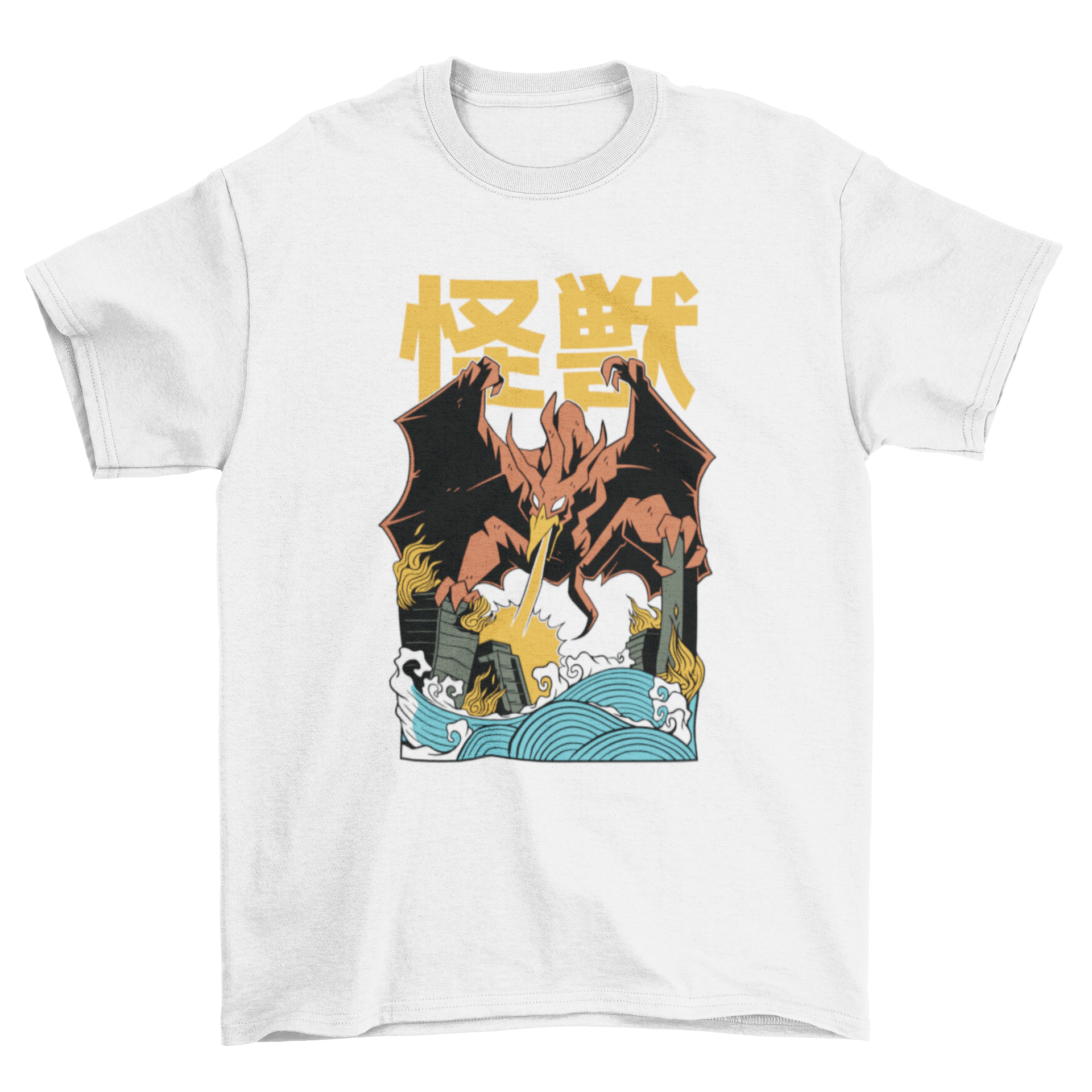 A stylish t-shirt featuring a vibrant illustration of a flying Japanese monster attacking a city skyline.