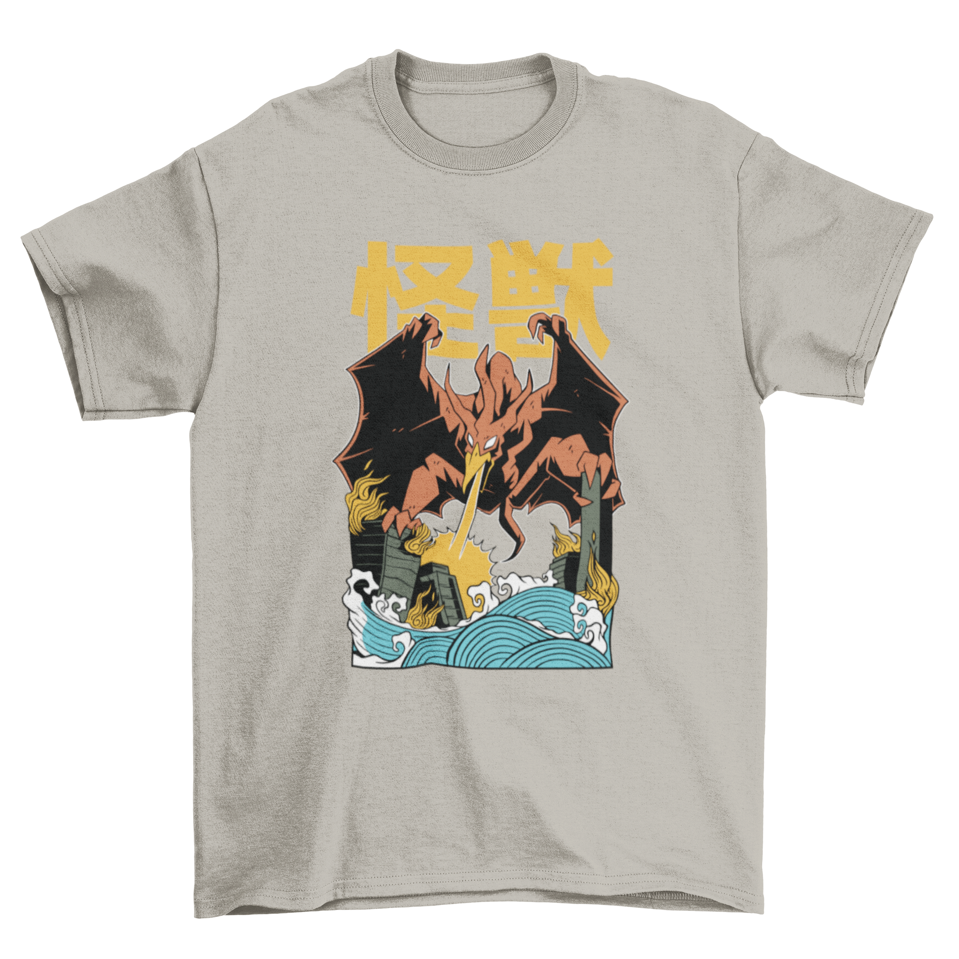 A stylish t-shirt featuring a vibrant illustration of a flying Japanese monster attacking a city skyline.