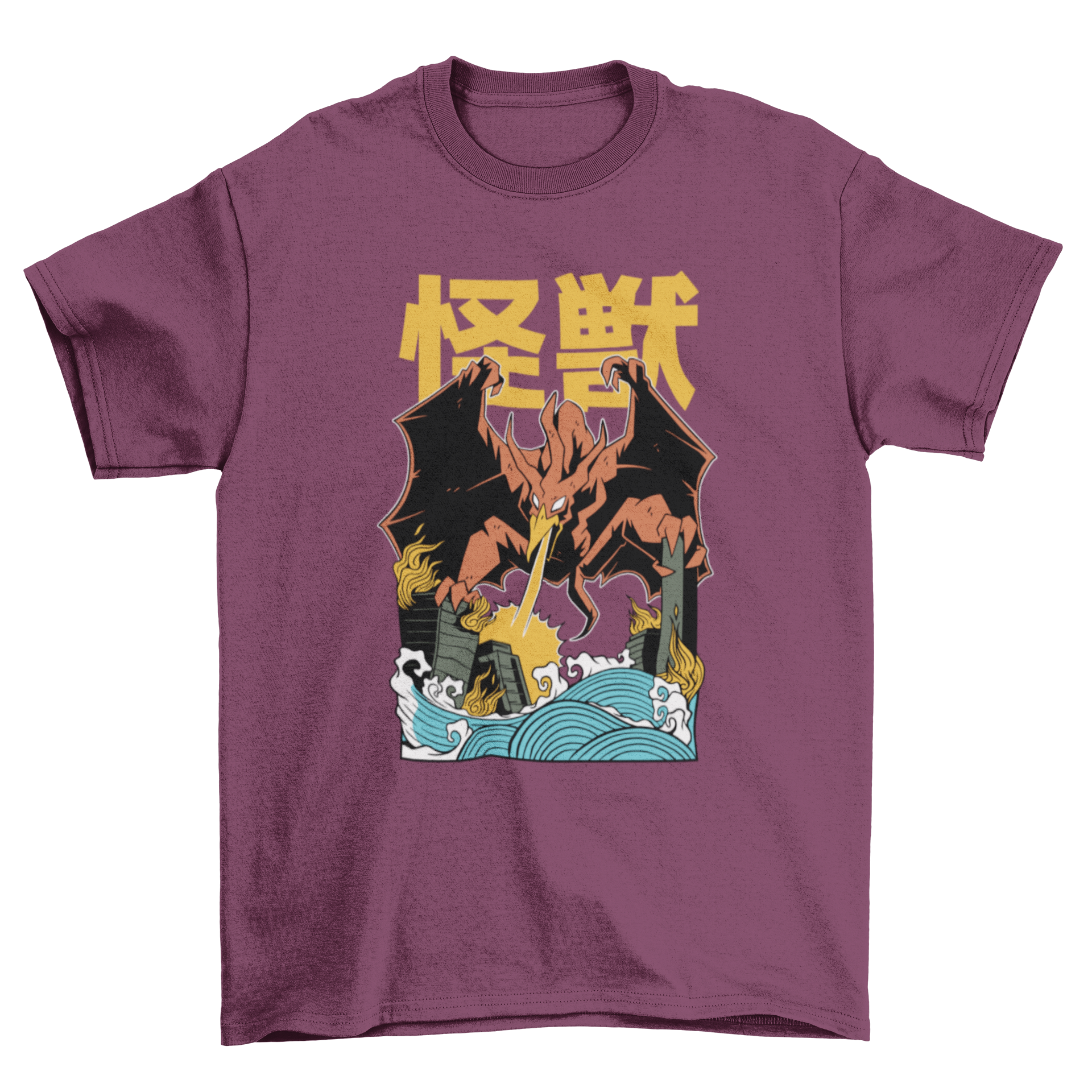 A stylish t-shirt featuring a vibrant illustration of a flying Japanese monster attacking a city skyline.