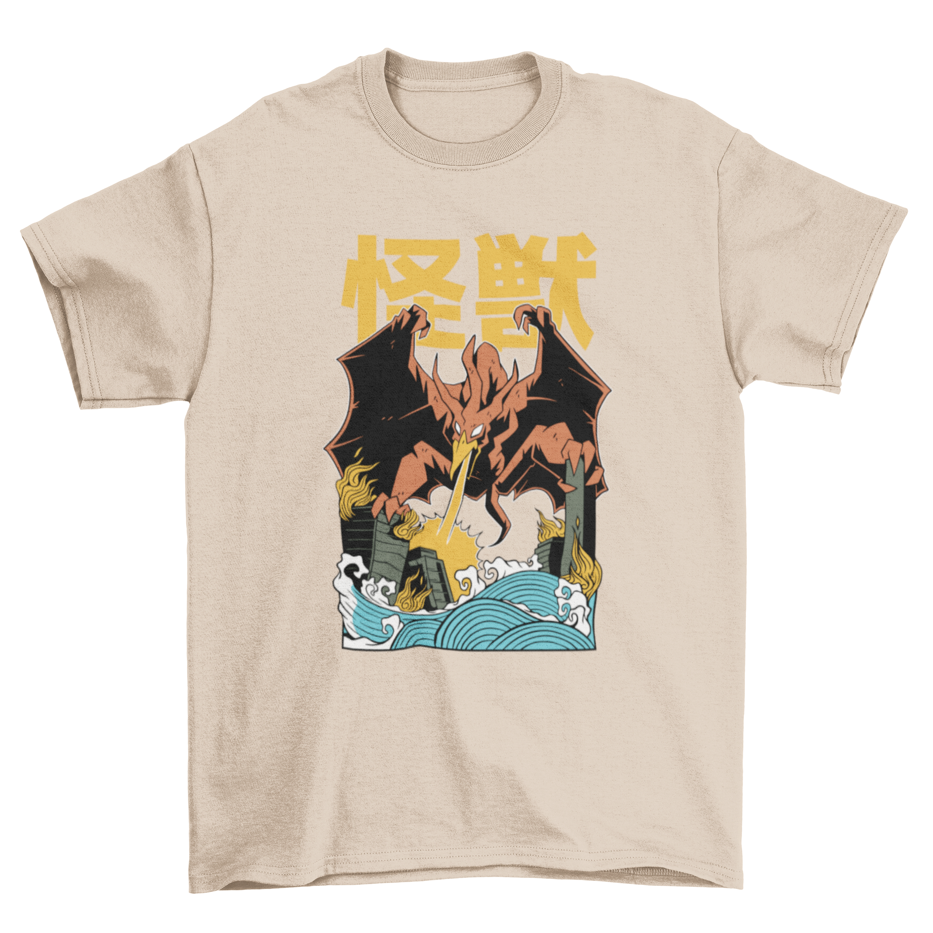 A stylish t-shirt featuring a vibrant illustration of a flying Japanese monster attacking a city skyline.