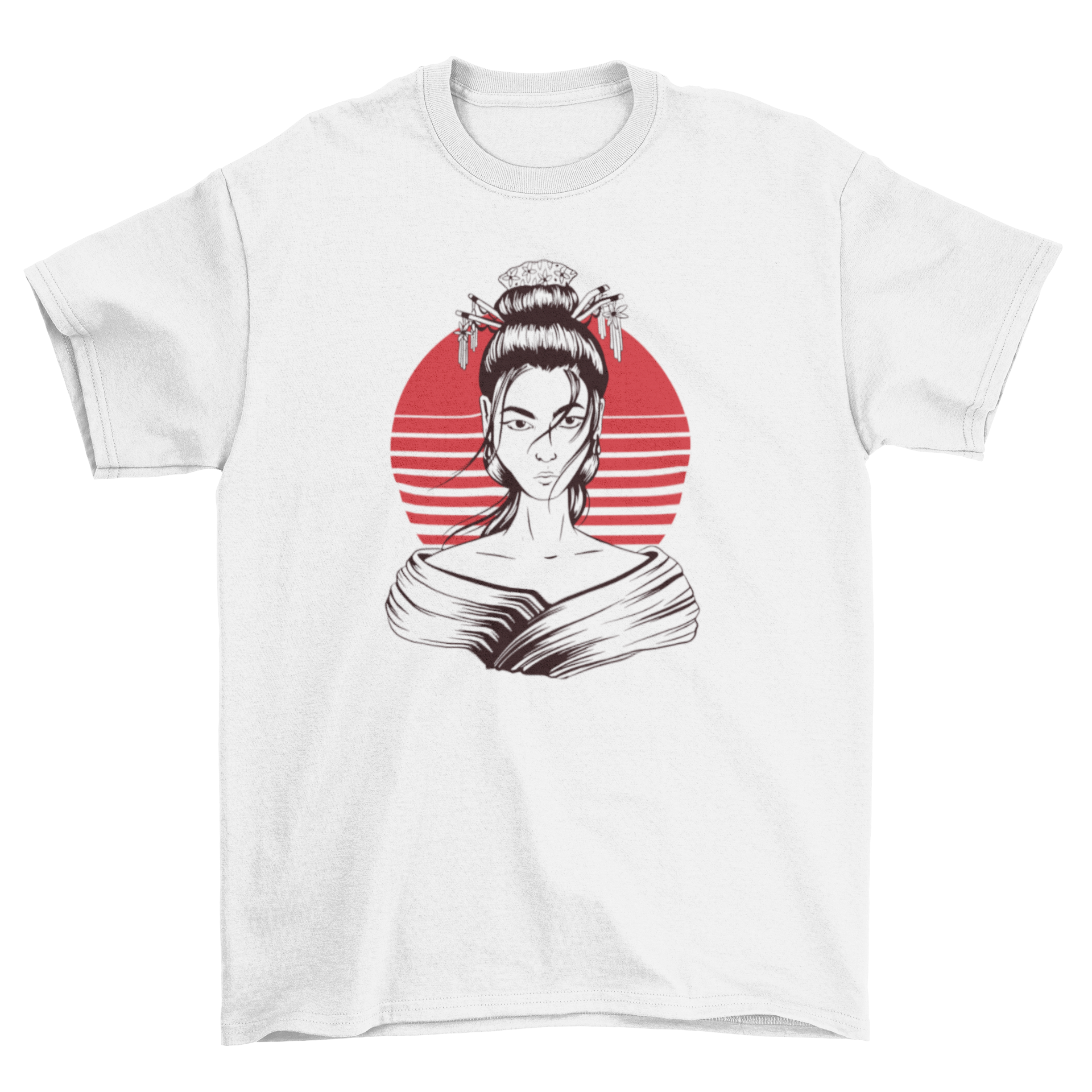 A stylish Japanese geisha t-shirt featuring a vibrant illustration of a geisha in traditional attire, perfect for casual wear.