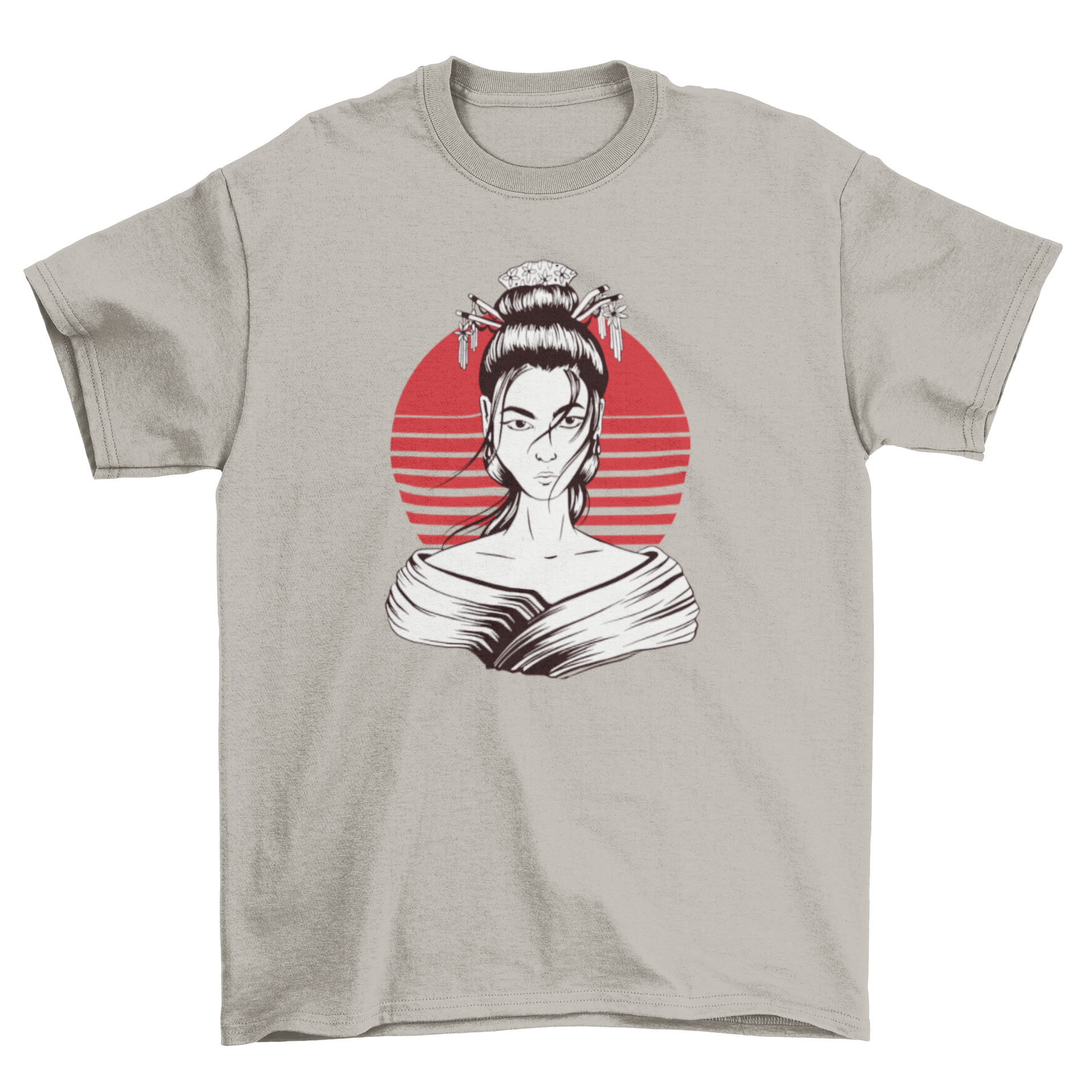 A stylish Japanese geisha t-shirt featuring a vibrant illustration of a geisha in traditional attire, perfect for casual wear.