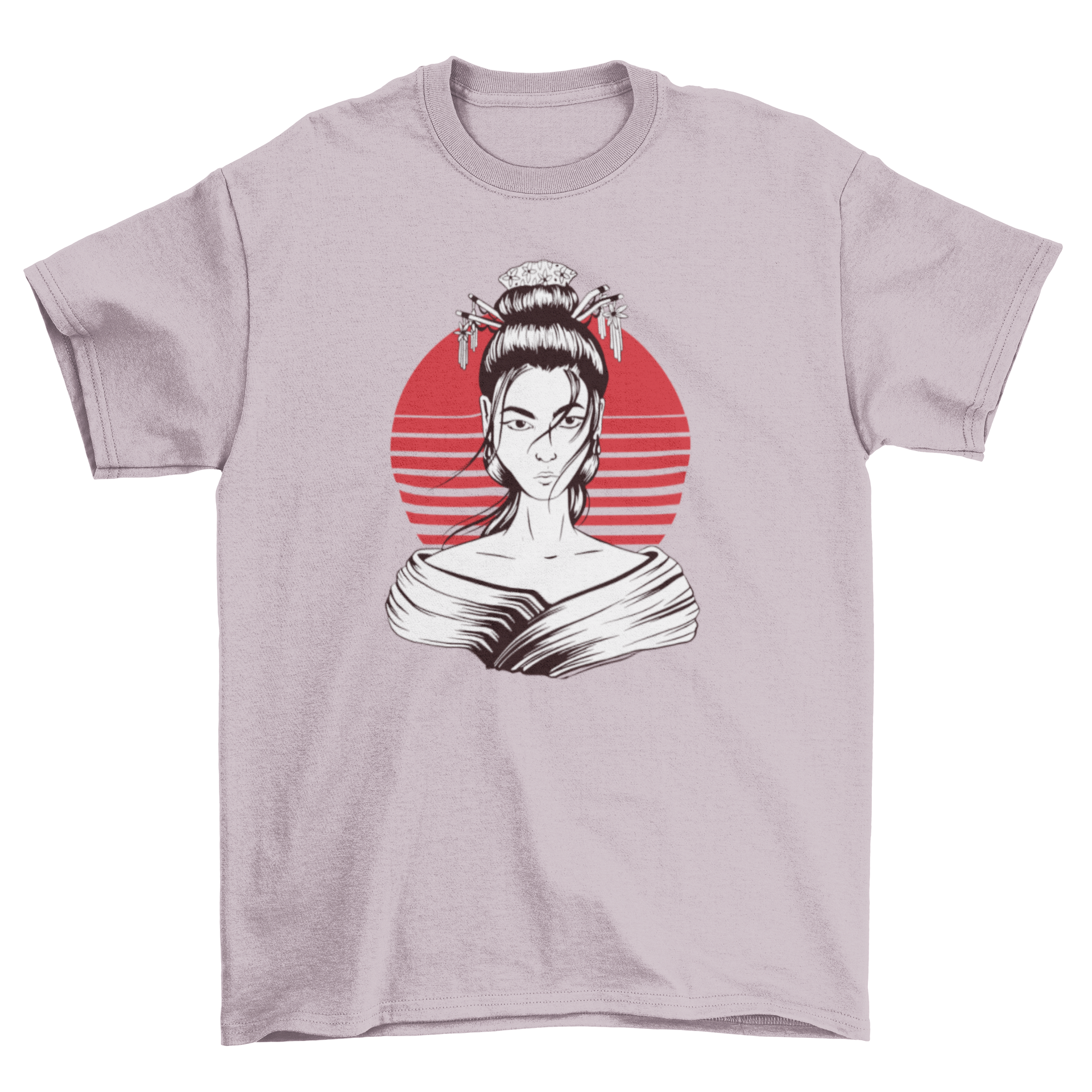 A stylish Japanese geisha t-shirt featuring a vibrant illustration of a geisha in traditional attire, perfect for casual wear.