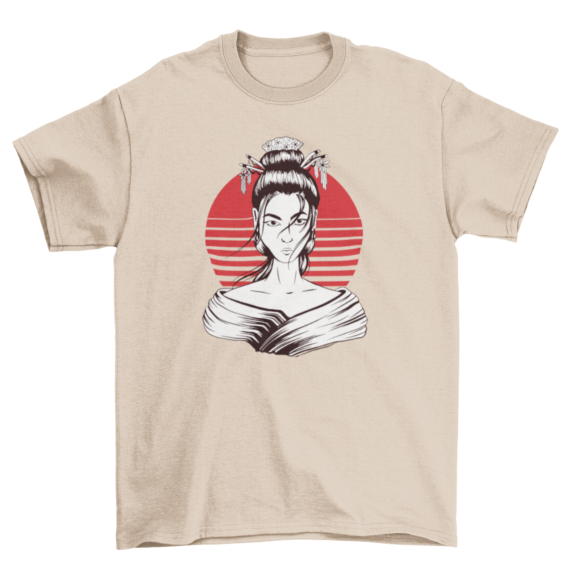 A stylish Japanese geisha t-shirt featuring a vibrant illustration of a geisha in traditional attire, perfect for casual wear.