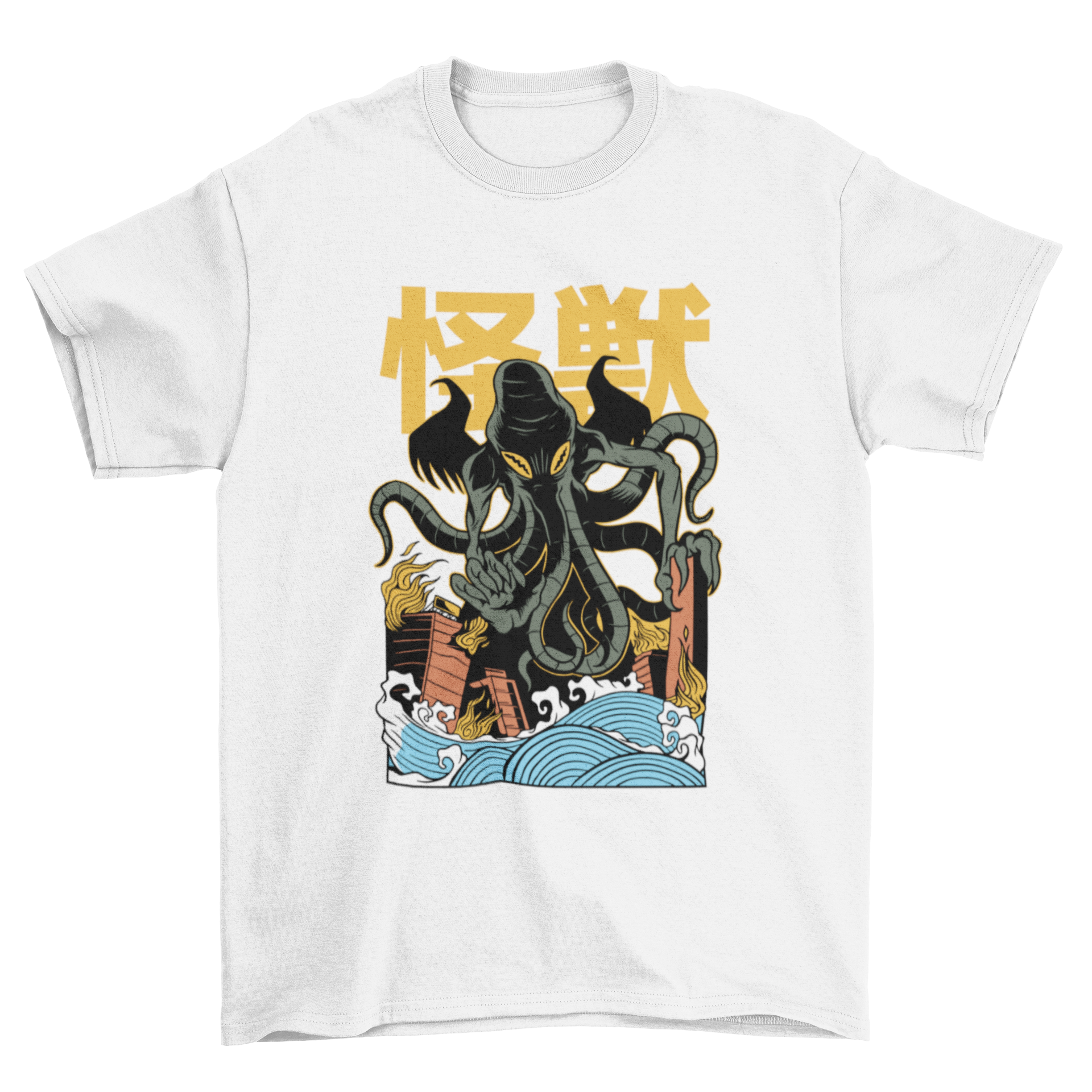 Japanese kaiju Cthulhu T-shirt design featuring a detailed monster illustration in vibrant colors.