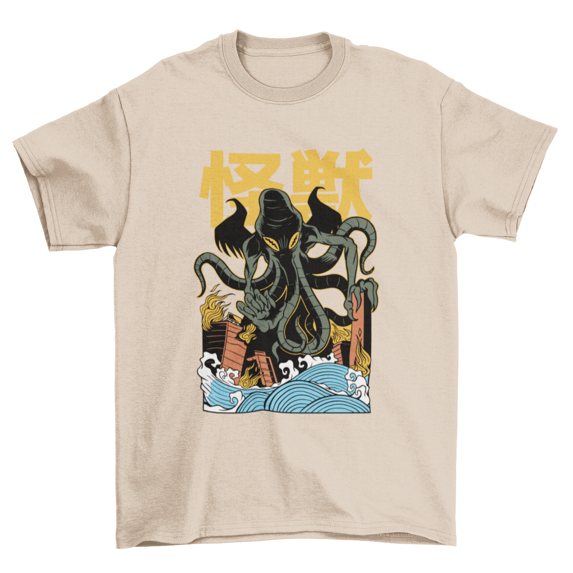 Japanese kaiju Cthulhu T-shirt design featuring a detailed monster illustration in vibrant colors.