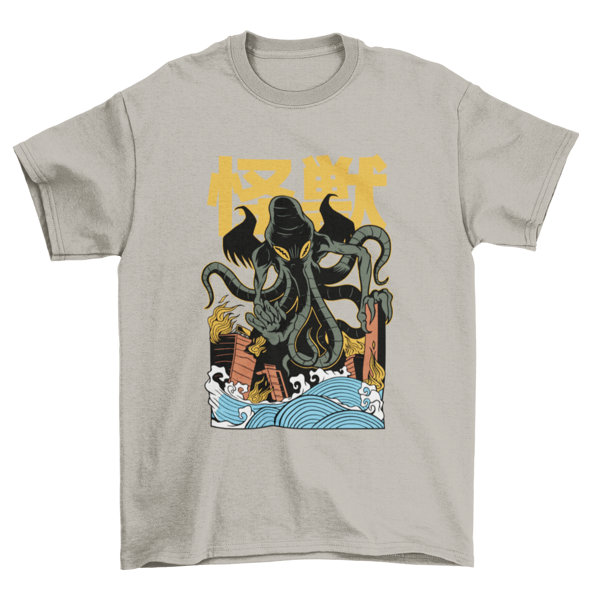 Japanese kaiju Cthulhu T-shirt design featuring a detailed monster illustration in vibrant colors.