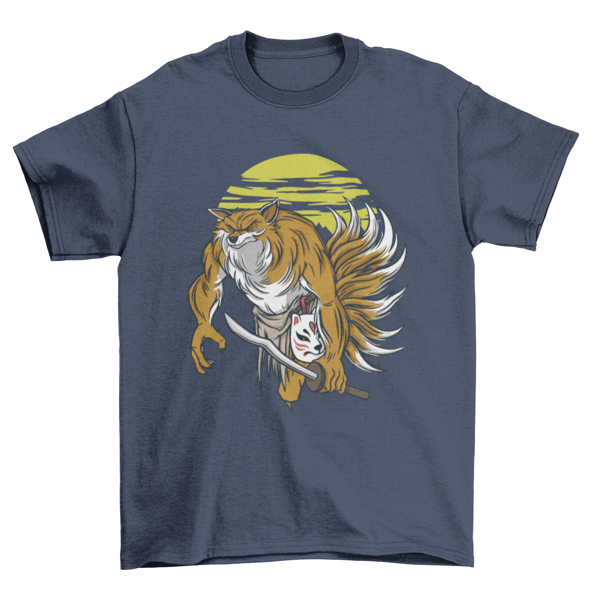 A stylish t-shirt featuring a kitsune holding a katana, showcasing vibrant colors and intricate design.