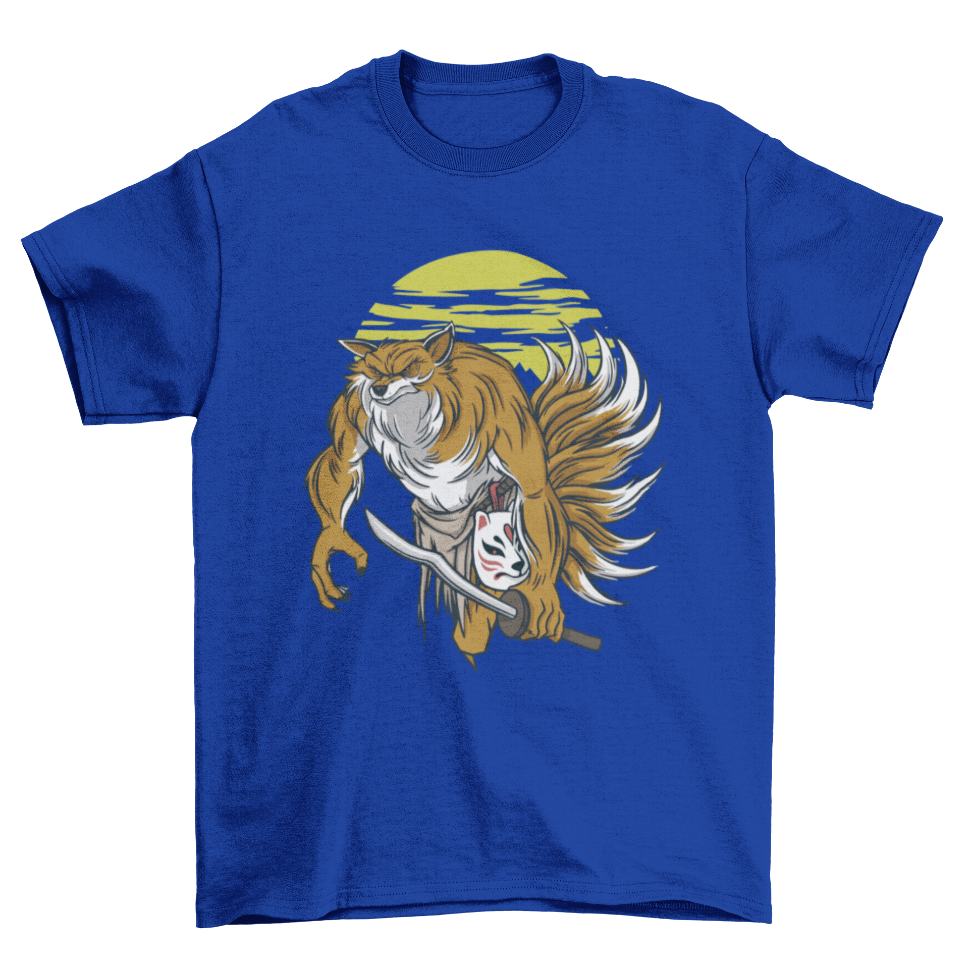 A stylish t-shirt featuring a kitsune holding a katana, showcasing vibrant colors and intricate design.