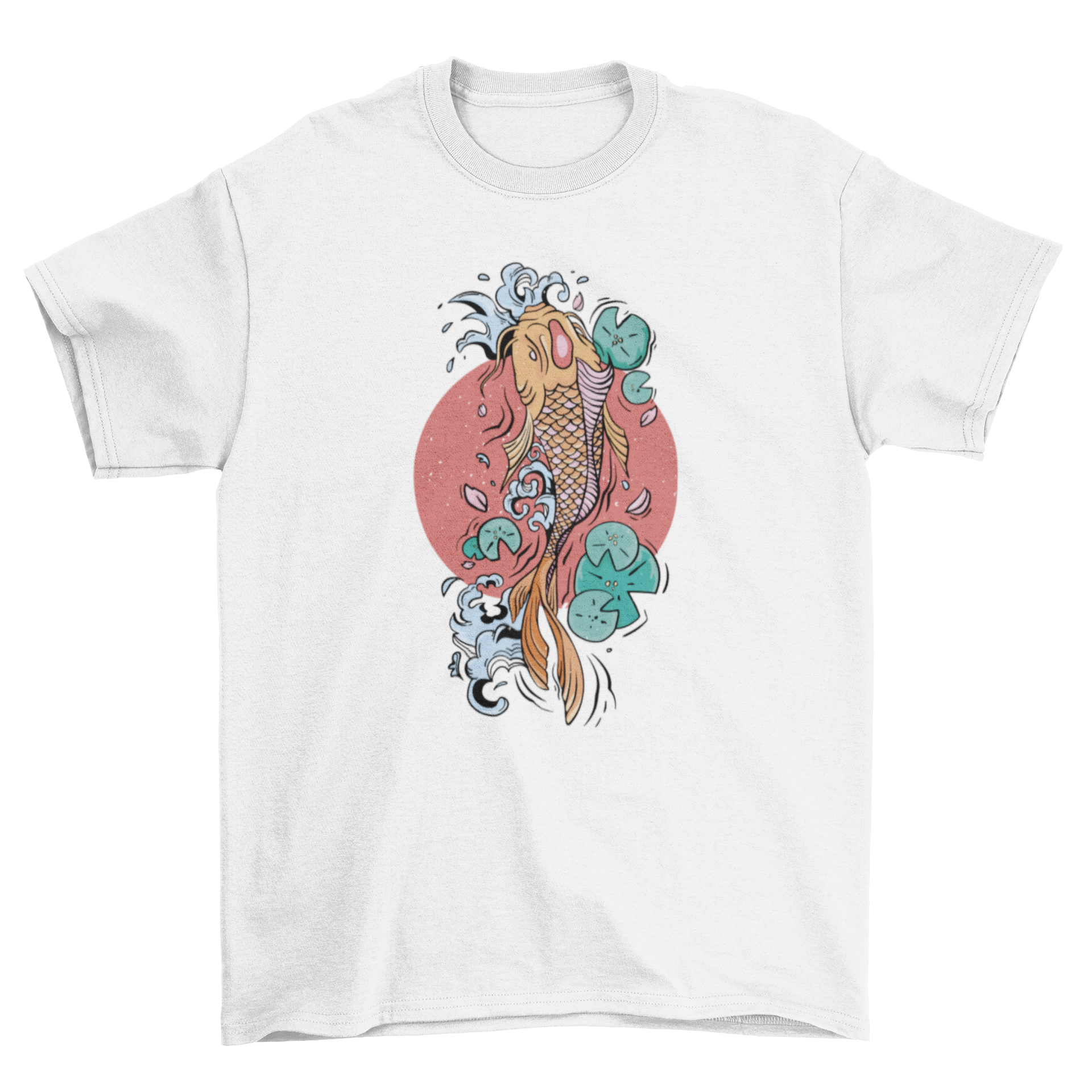 Japanese koi fish t-shirt featuring a tattoo-style design with aquatic plants, showcasing vibrant colors and intricate details.