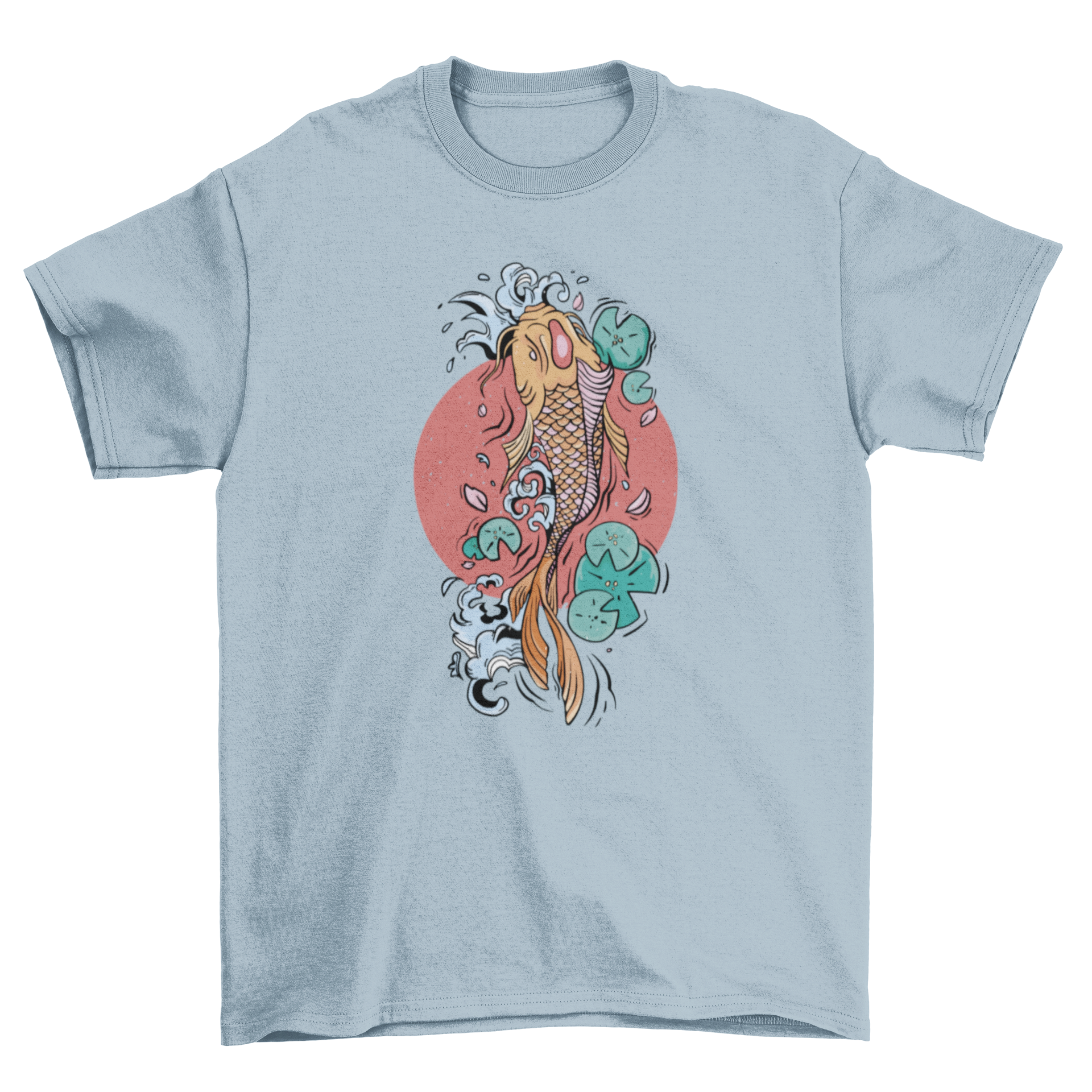 Japanese koi fish t-shirt featuring a tattoo-style design with aquatic plants, showcasing vibrant colors and intricate details.