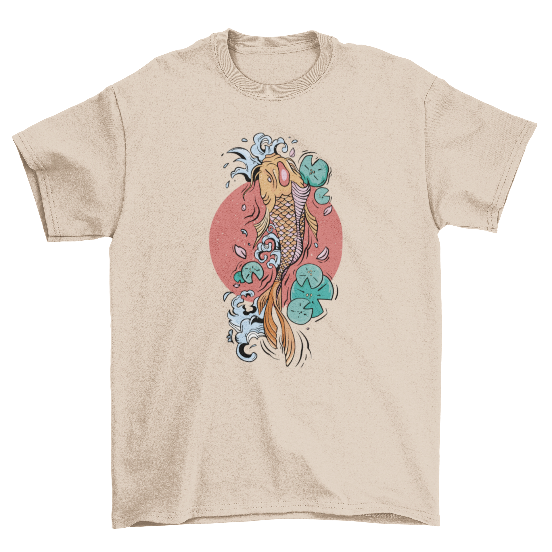 Japanese koi fish t-shirt featuring a tattoo-style design with aquatic plants, showcasing vibrant colors and intricate details.