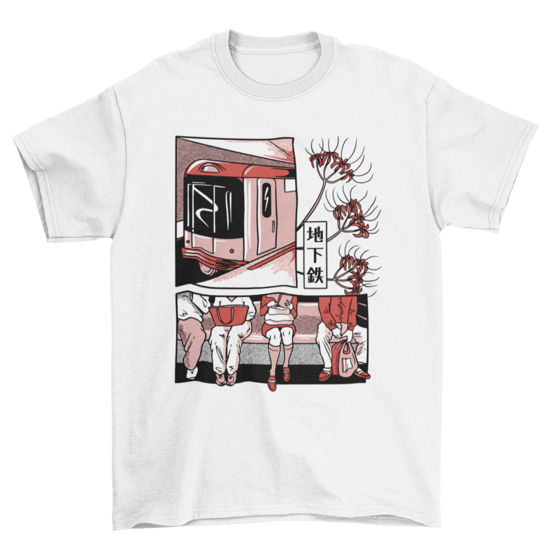 A stylish Japanese metro train t-shirt featuring a colorful vignette of a train, plants, and people.