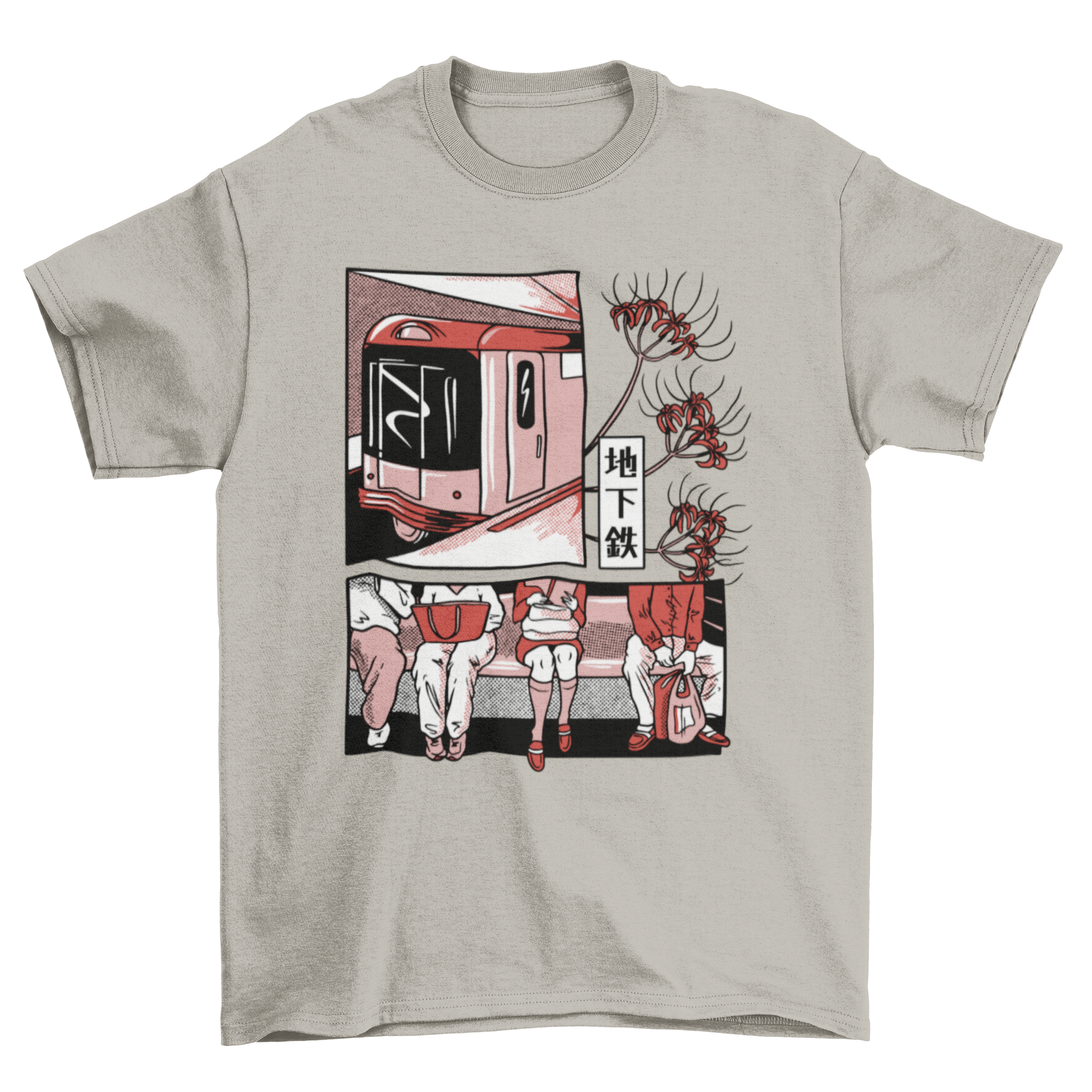 A stylish Japanese metro train t-shirt featuring a colorful vignette of a train, plants, and people.