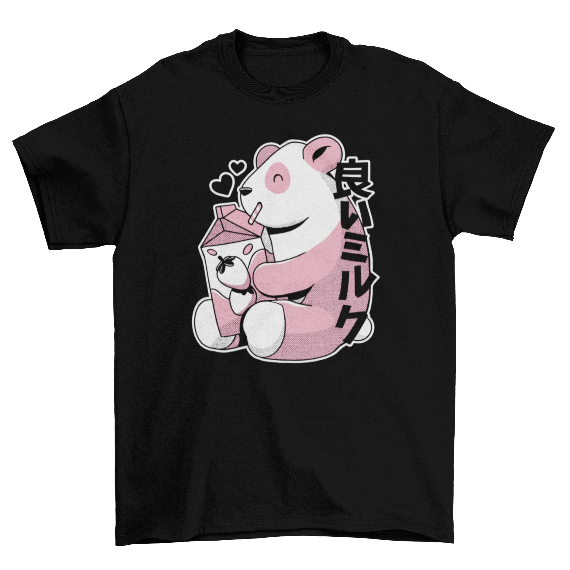 A cute Japanese-style t-shirt featuring a panda bear drinking strawberry milk, showcasing vibrant colors and playful design.