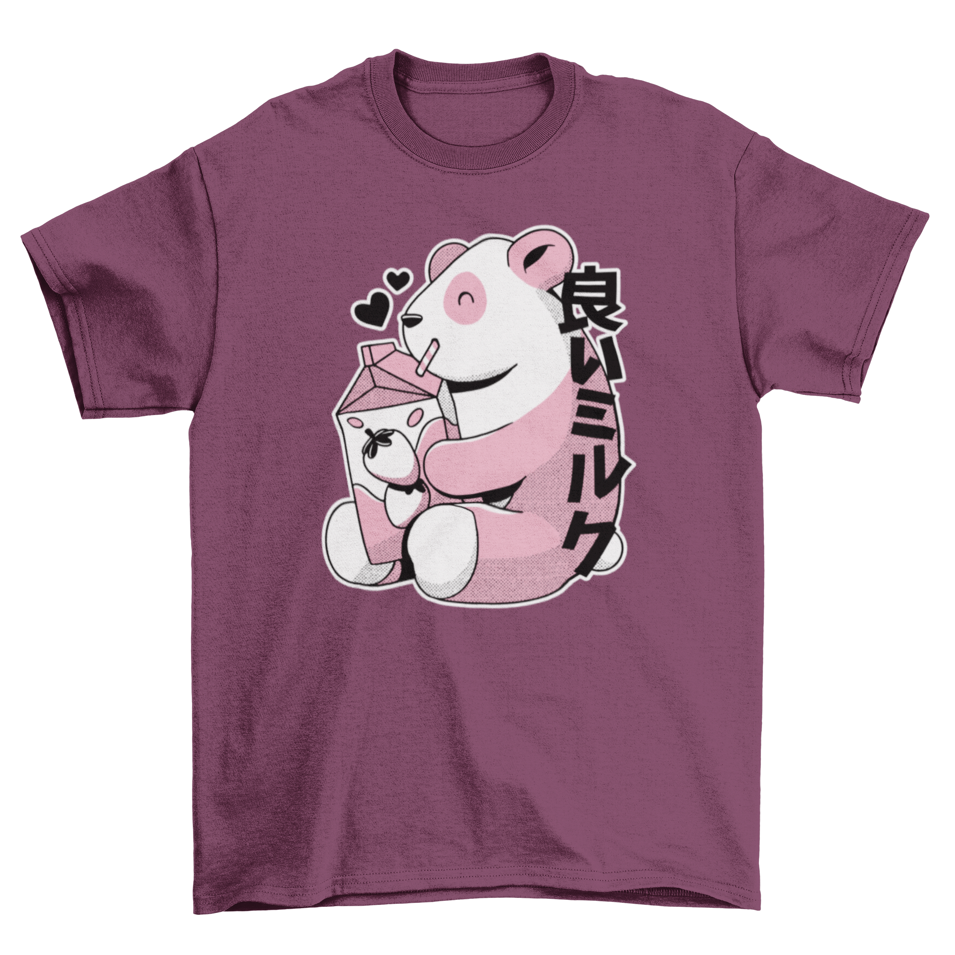 A cute Japanese-style t-shirt featuring a panda bear drinking strawberry milk, showcasing vibrant colors and playful design.