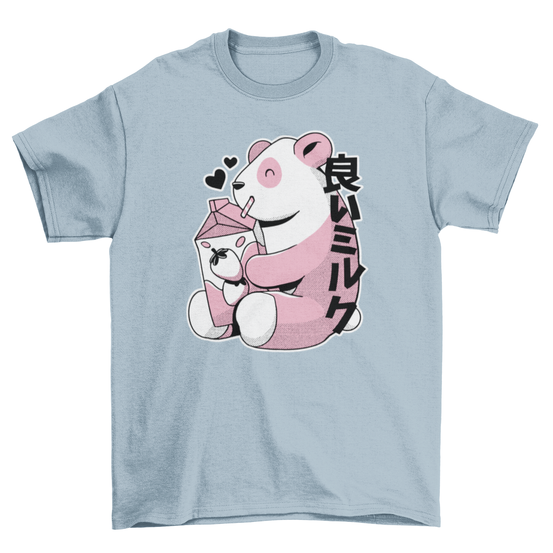 A cute Japanese-style t-shirt featuring a panda bear drinking strawberry milk, showcasing vibrant colors and playful design.