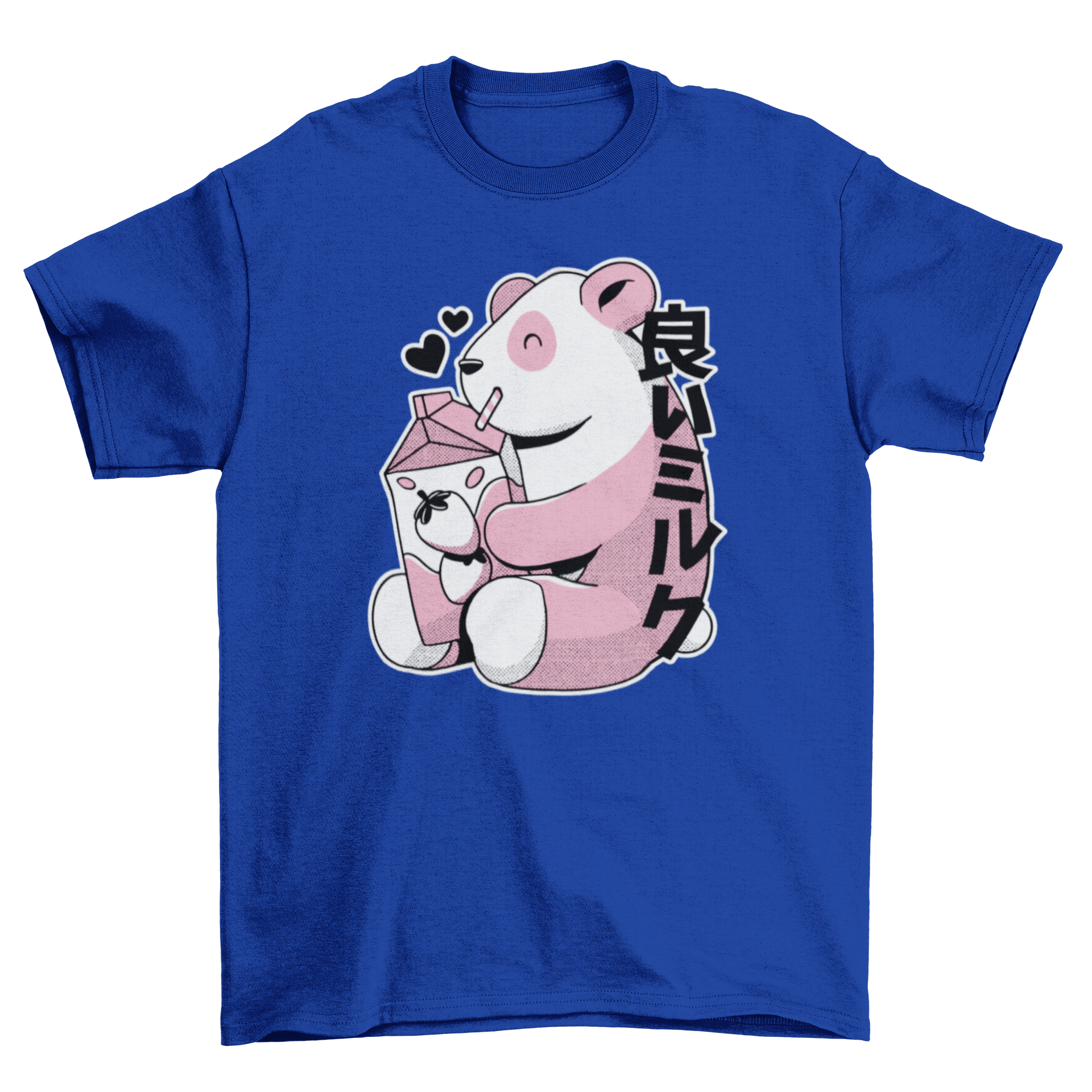 A cute Japanese-style t-shirt featuring a panda bear drinking strawberry milk, showcasing vibrant colors and playful design.