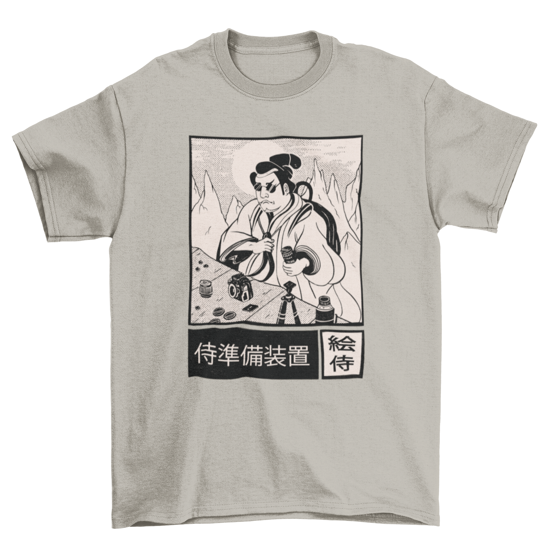 A stylish t-shirt featuring a ukiyo-styled illustration of a photographer with Japanese characters at the bottom, showcasing cultural artistry.