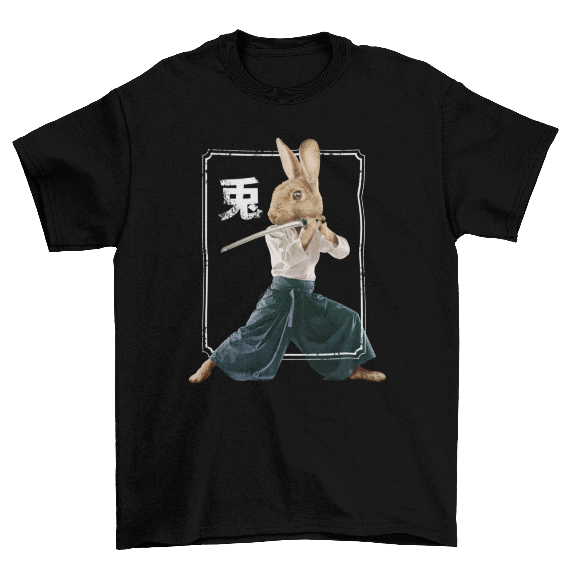 Japanese rabbit ninja t-shirt design featuring a ninja rabbit and Japanese kanji background.