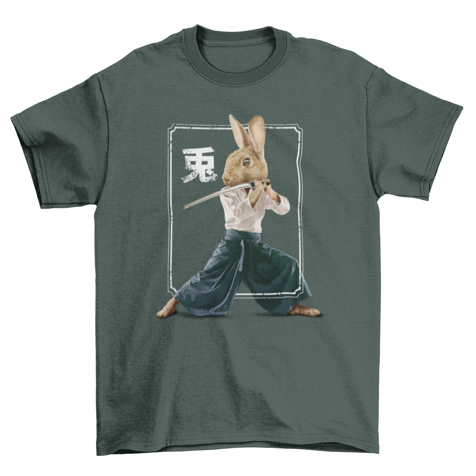 Japanese rabbit ninja t-shirt design featuring a ninja rabbit and Japanese kanji background.