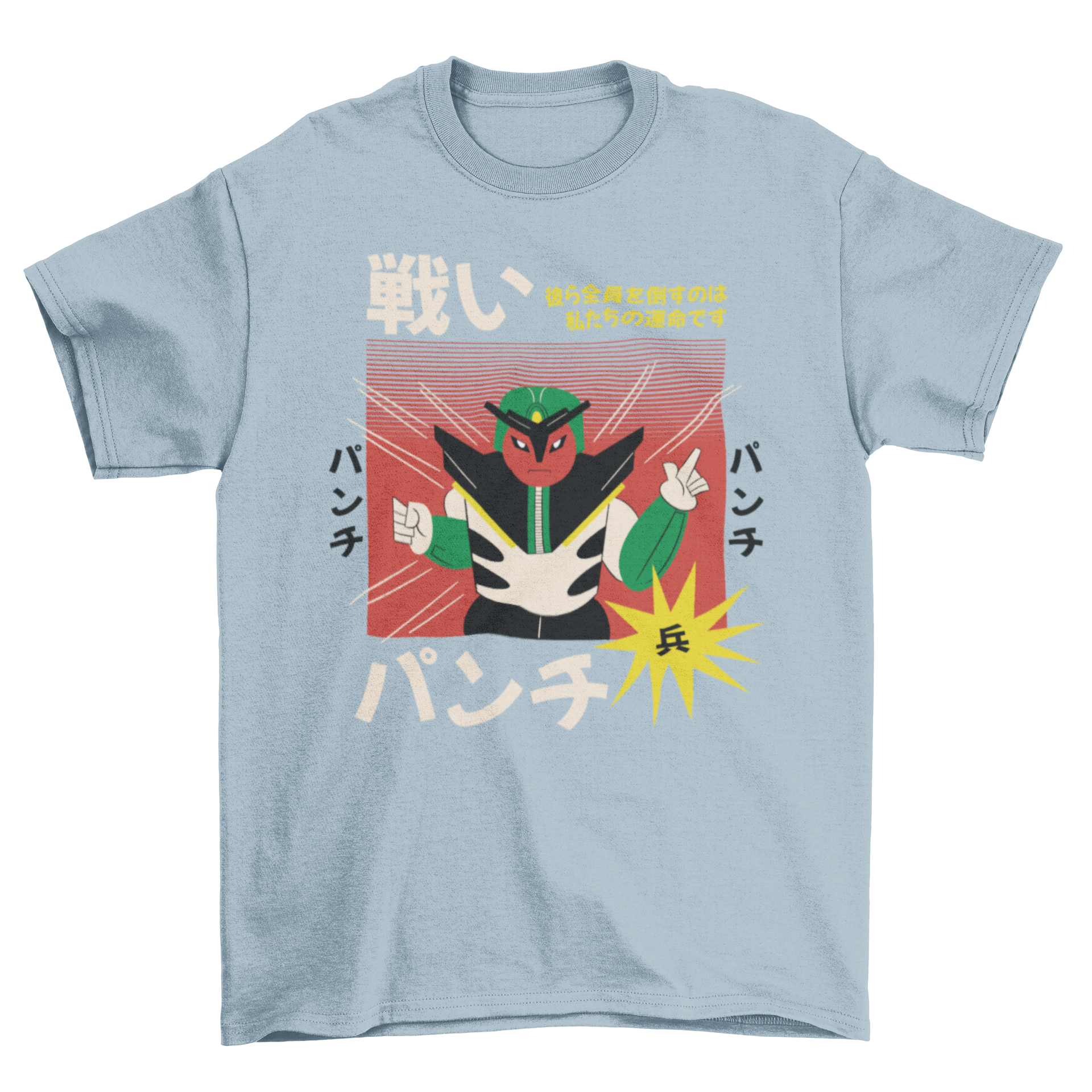 A stylish retro t-shirt featuring a colorful Japanese robot and characters, perfect for casual wear.