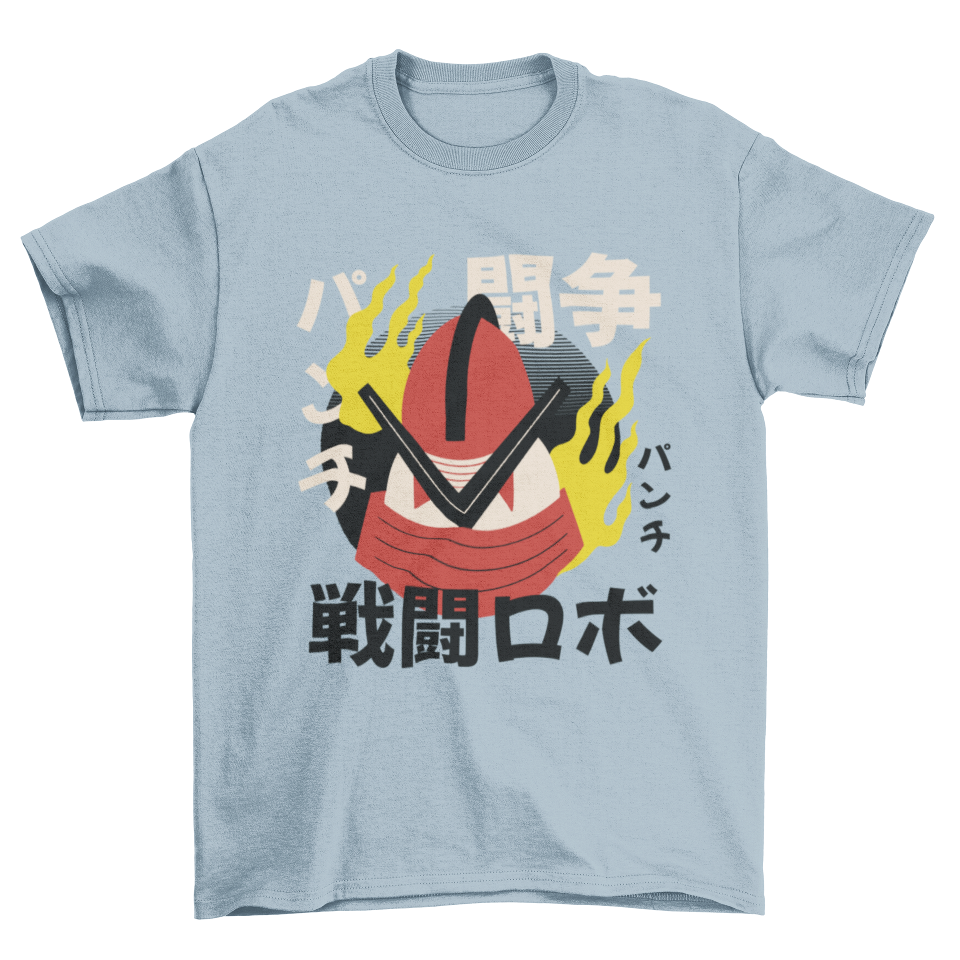 A vibrant t-shirt featuring a Japanese robot design with flames, showcasing intricate details and colors.