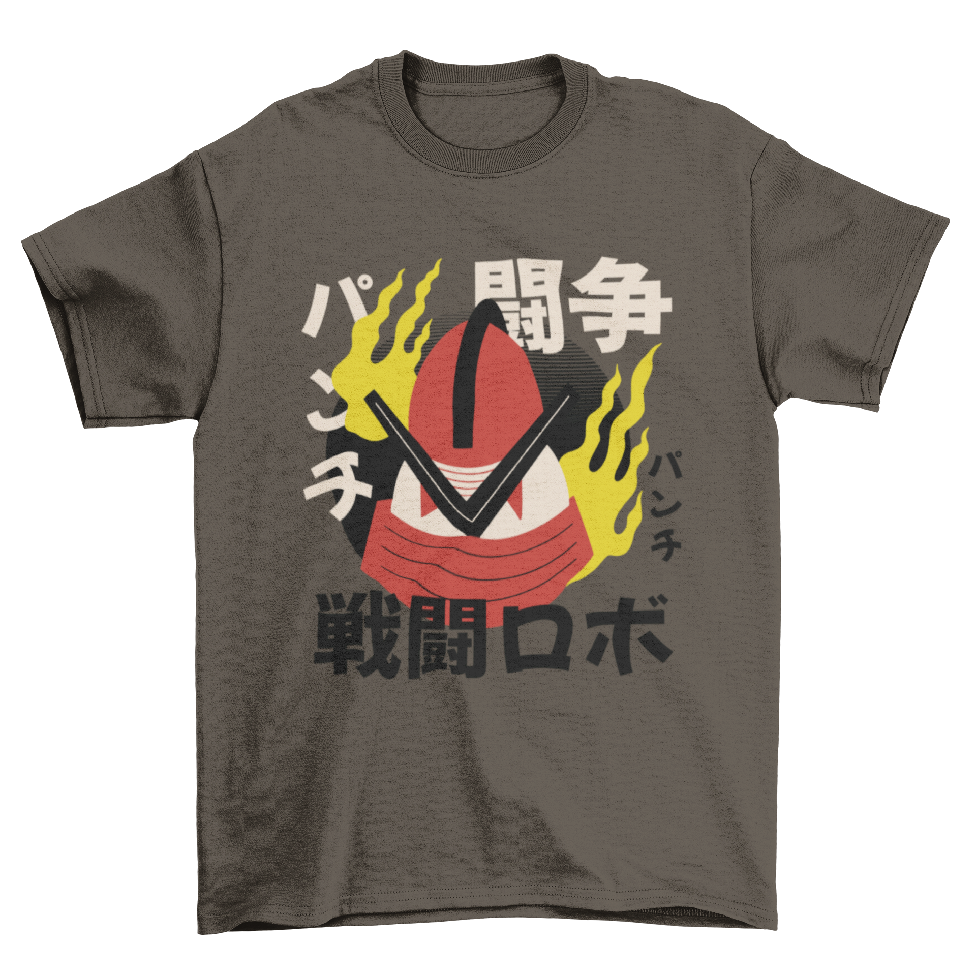 A vibrant t-shirt featuring a Japanese robot design with flames, showcasing intricate details and colors.