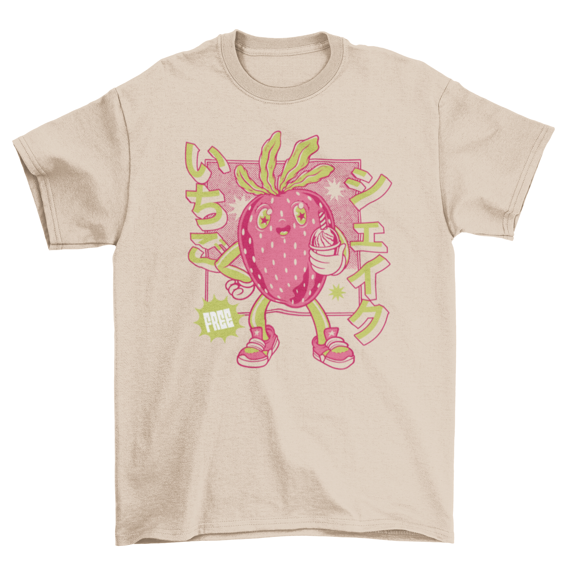 A stylish t-shirt featuring a vibrant strawberry design and a Japanese quote meaning 'Strawberry milkshake'.