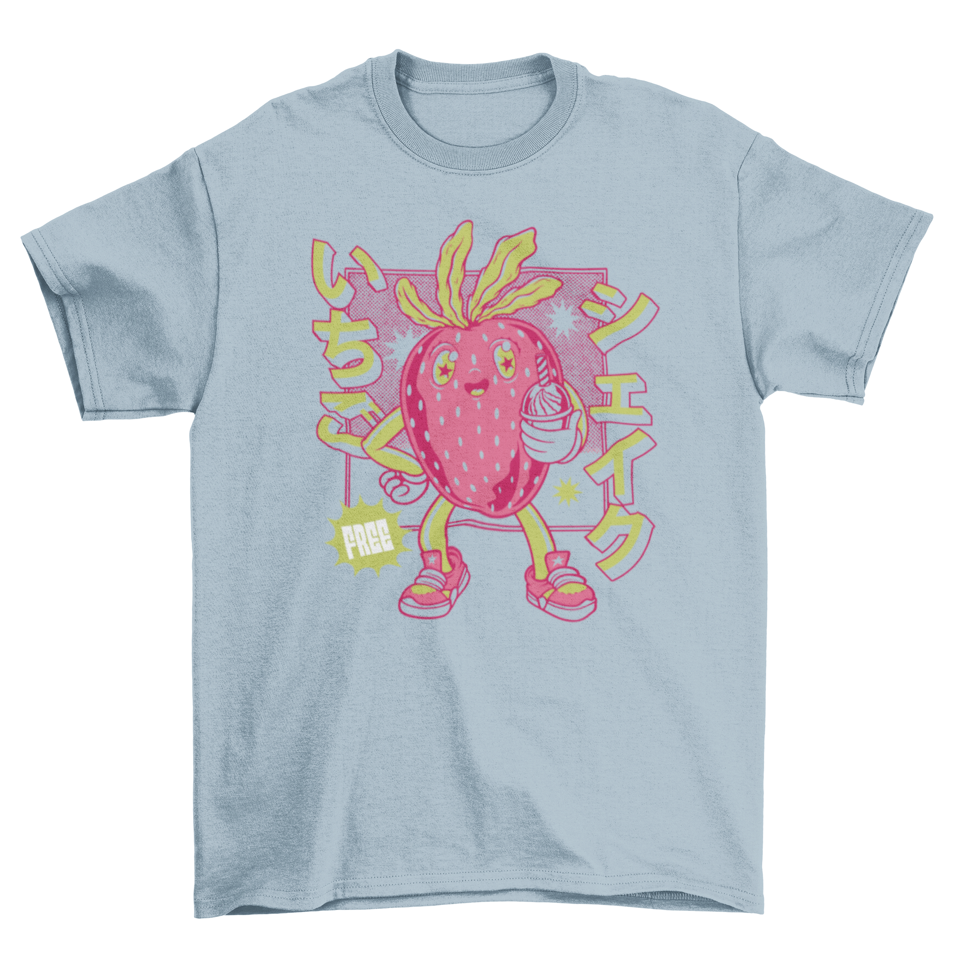 A stylish t-shirt featuring a vibrant strawberry design and a Japanese quote meaning 'Strawberry milkshake'.