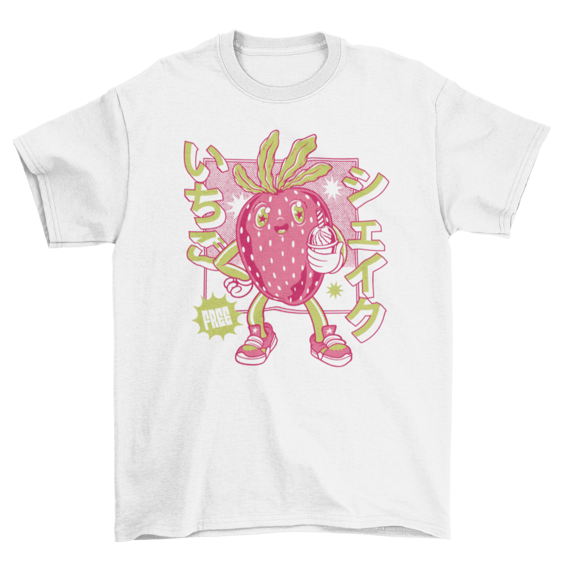 A stylish t-shirt featuring a vibrant strawberry design and a Japanese quote meaning 'Strawberry milkshake'.