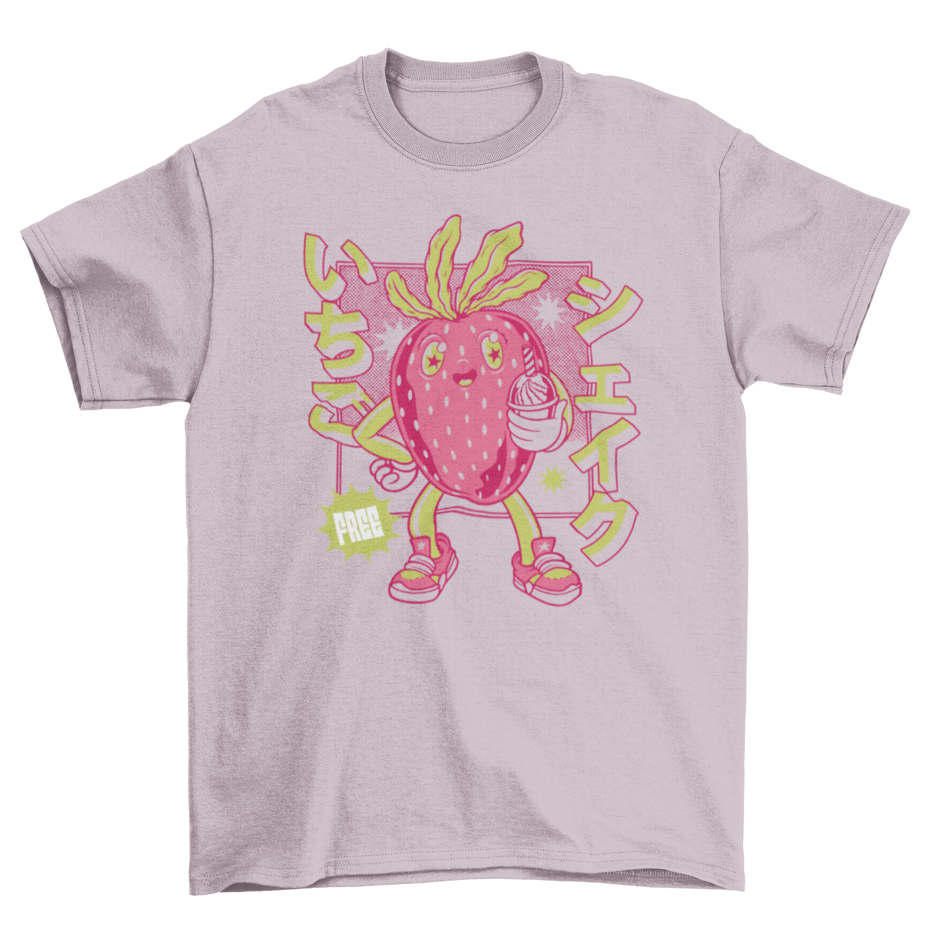 A stylish t-shirt featuring a vibrant strawberry design and a Japanese quote meaning 'Strawberry milkshake'.