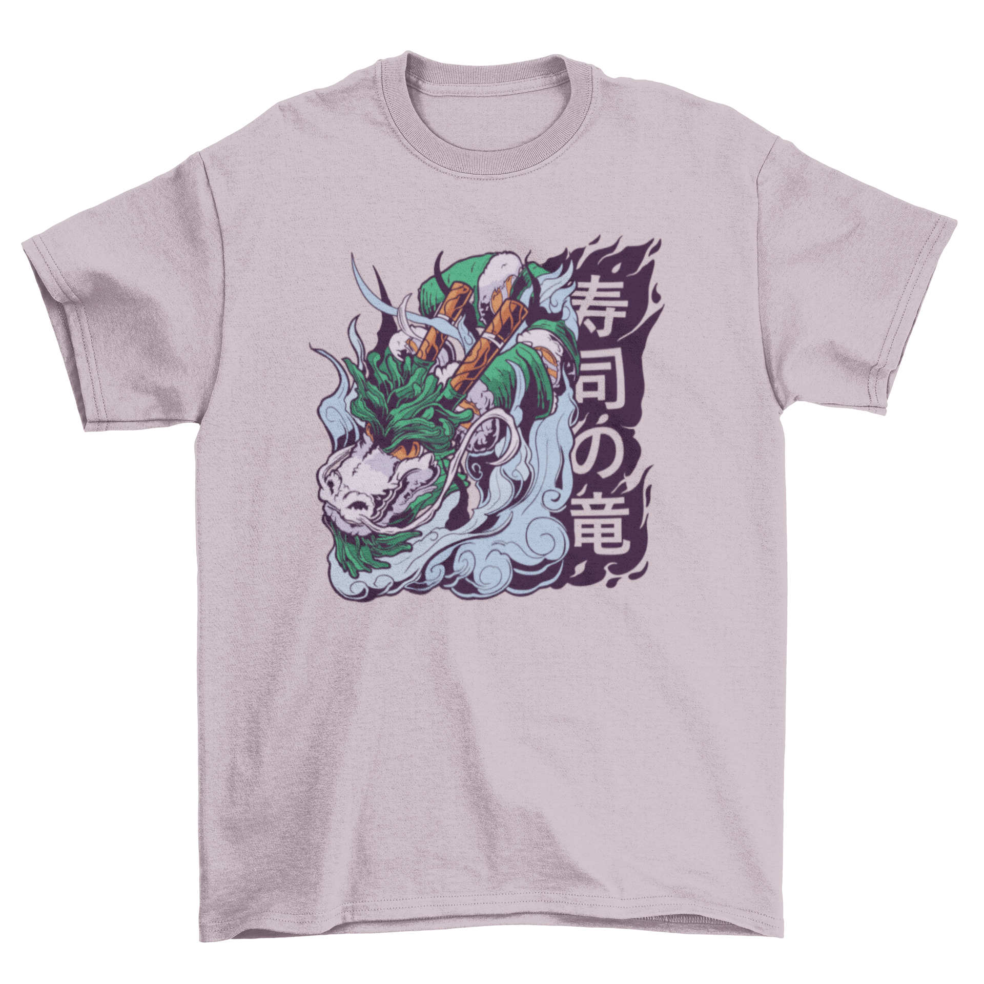 A stylish t-shirt featuring a colorful dragon illustration made entirely of sushi, showcasing a unique design.