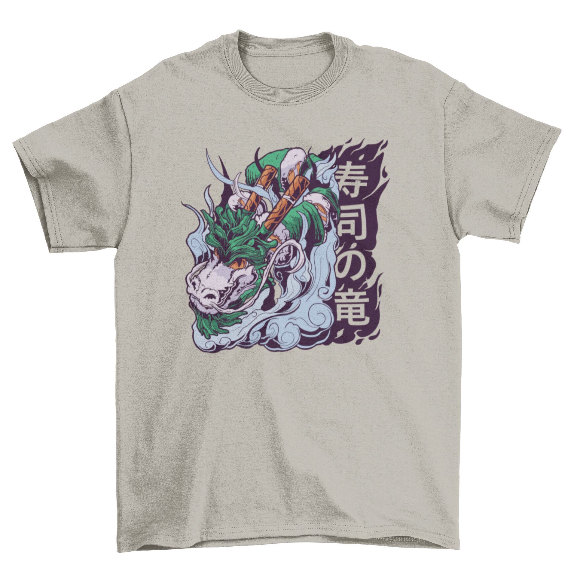 A stylish t-shirt featuring a colorful dragon illustration made entirely of sushi, showcasing a unique design.