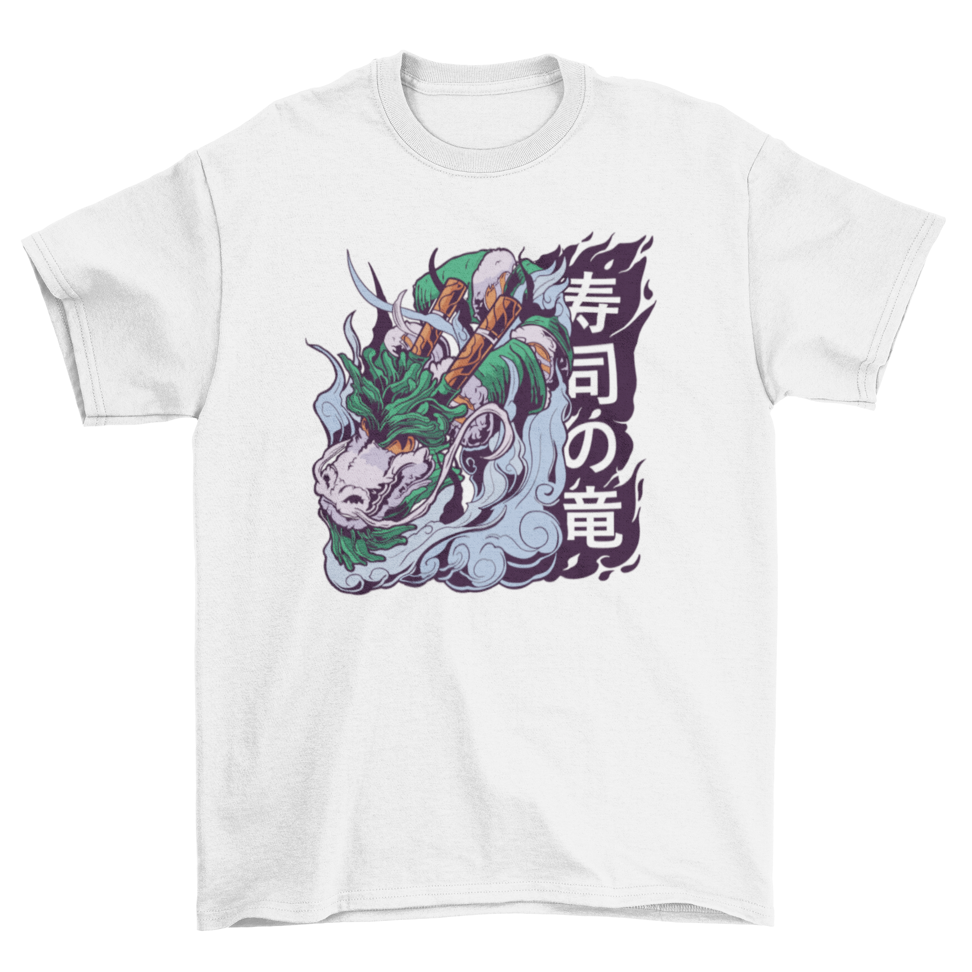 A stylish t-shirt featuring a colorful dragon illustration made entirely of sushi, showcasing a unique design.