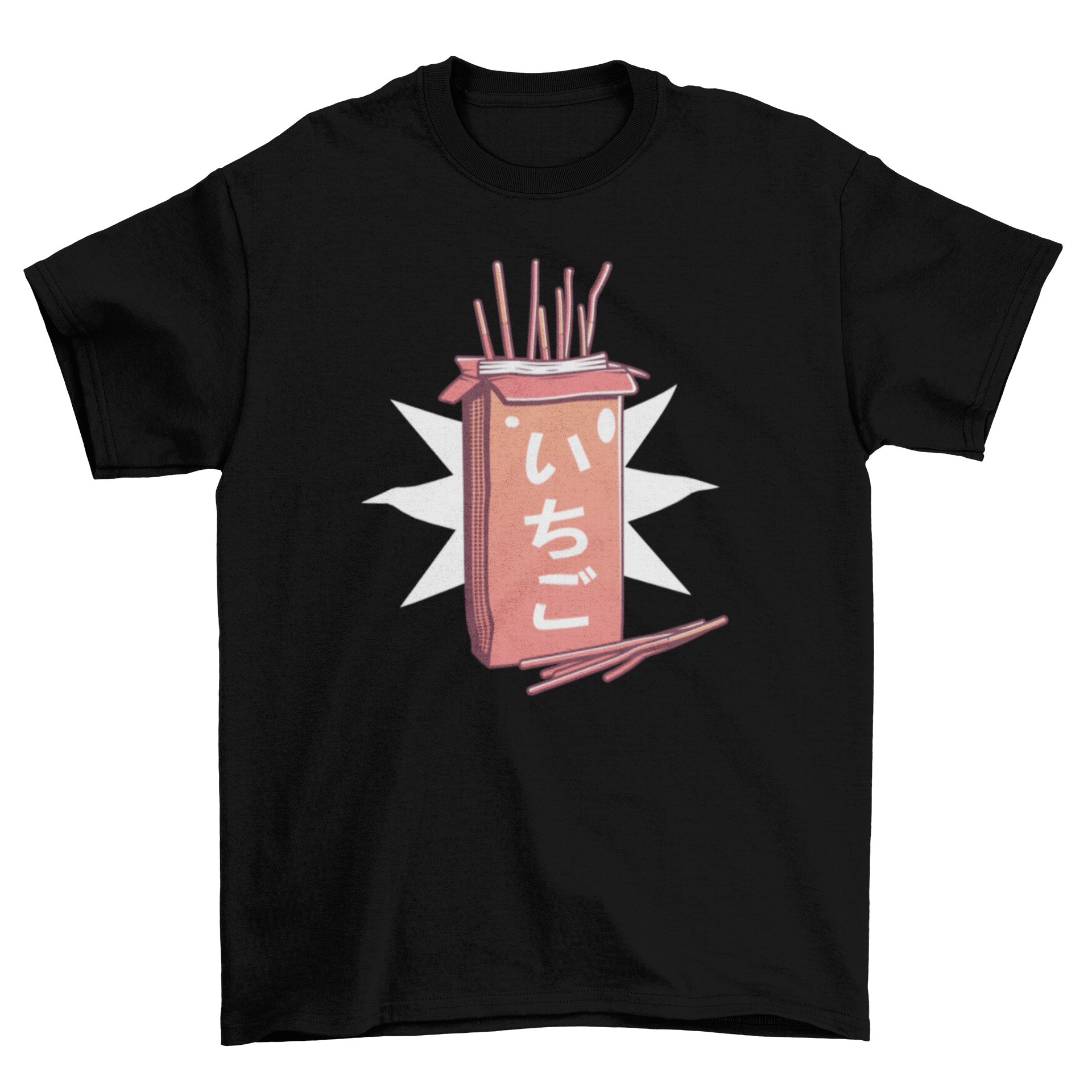 A stylish t-shirt featuring a colorful design of a box of strawberry biscuit sticks, perfect for snack lovers.