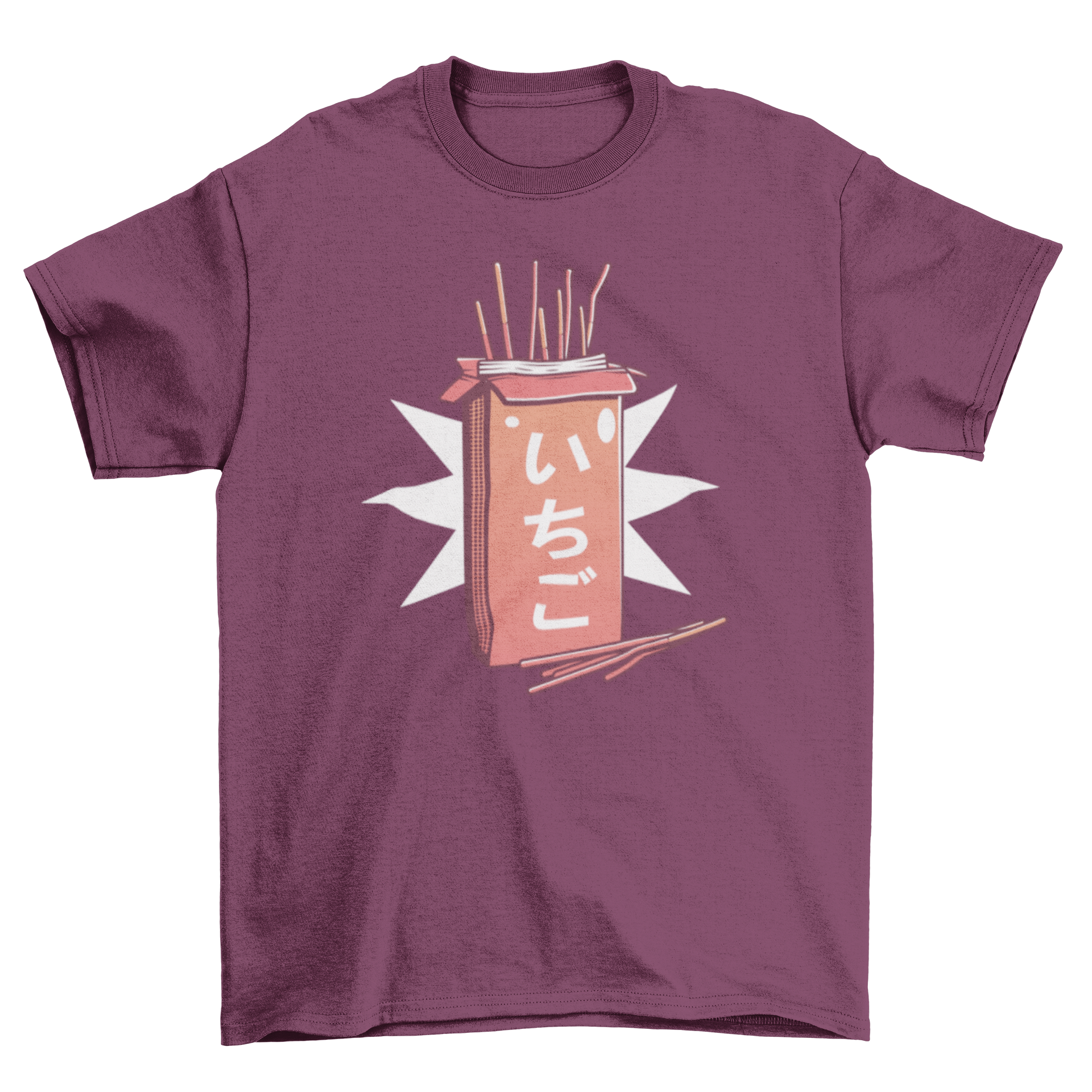 A stylish t-shirt featuring a colorful design of a box of strawberry biscuit sticks, perfect for snack lovers.