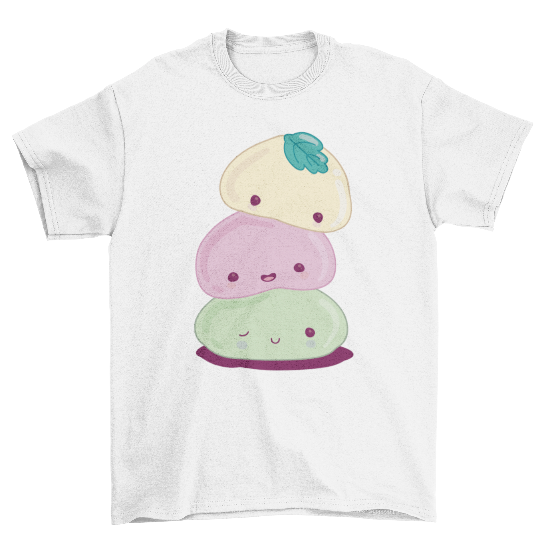 A cute t-shirt featuring colorful illustrations of Japanese sweets in kawaii style, perfect for casual wear.