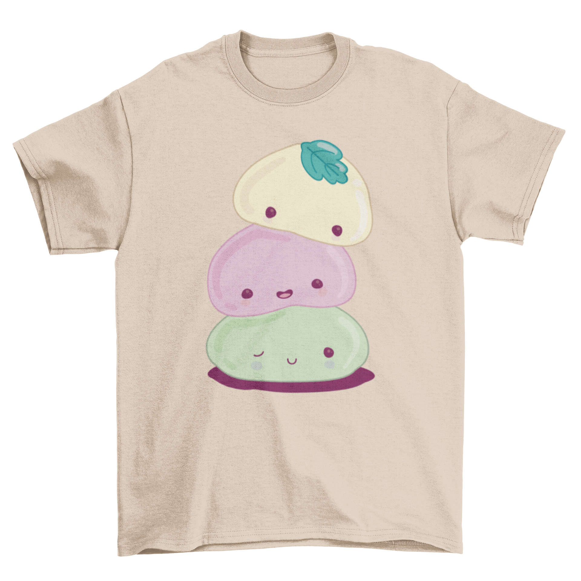 A cute t-shirt featuring colorful illustrations of Japanese sweets in kawaii style, perfect for casual wear.