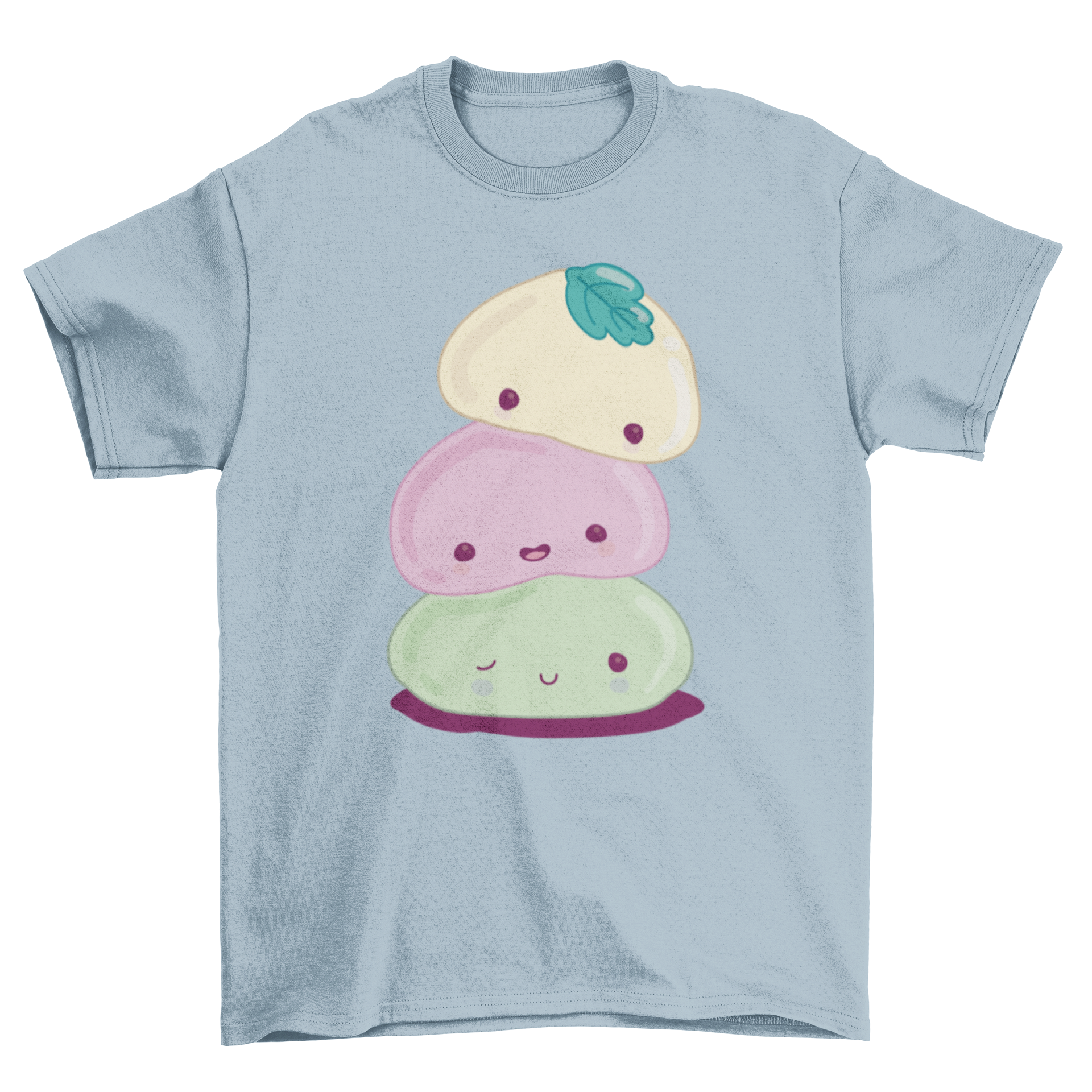 A cute t-shirt featuring colorful illustrations of Japanese sweets in kawaii style, perfect for casual wear.