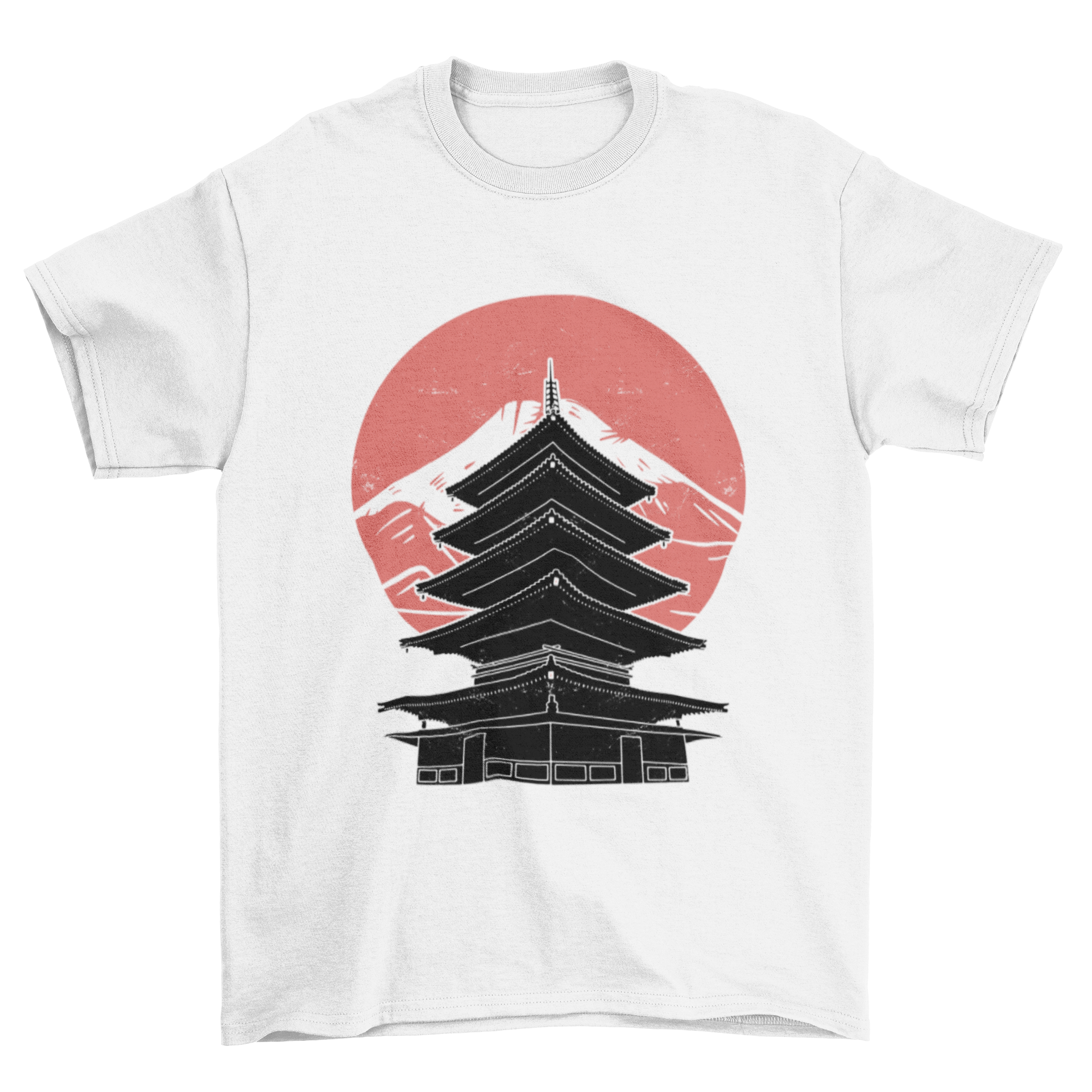 A stylish t-shirt featuring a cut-out design of a Japanese temple against a mountain backdrop, showcasing cultural elegance.