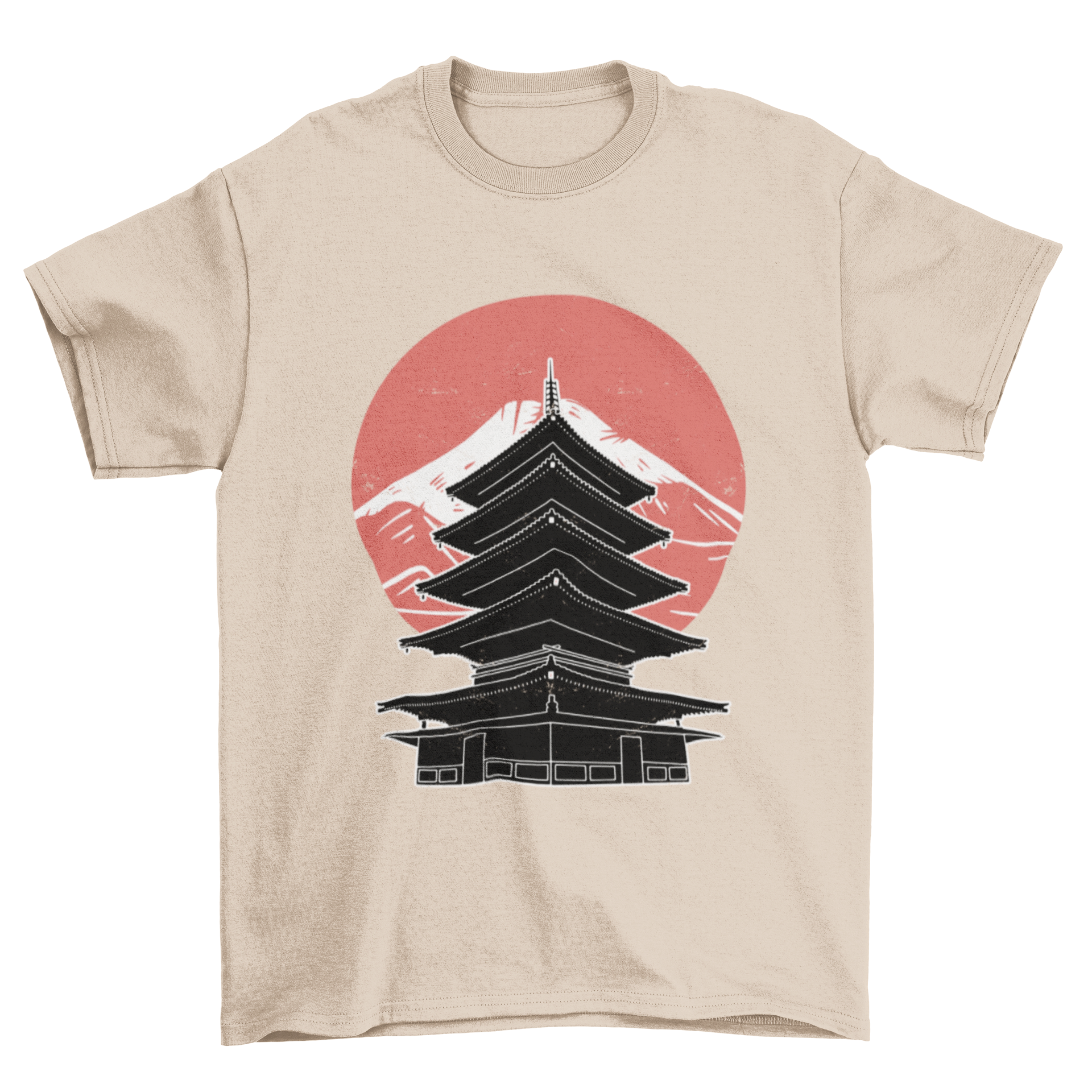 A stylish t-shirt featuring a cut-out design of a Japanese temple against a mountain backdrop, showcasing cultural elegance.