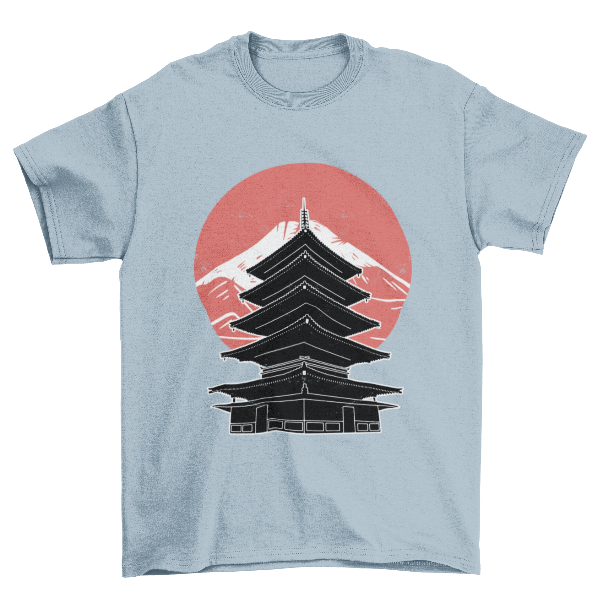 A stylish t-shirt featuring a cut-out design of a Japanese temple against a mountain backdrop, showcasing cultural elegance.