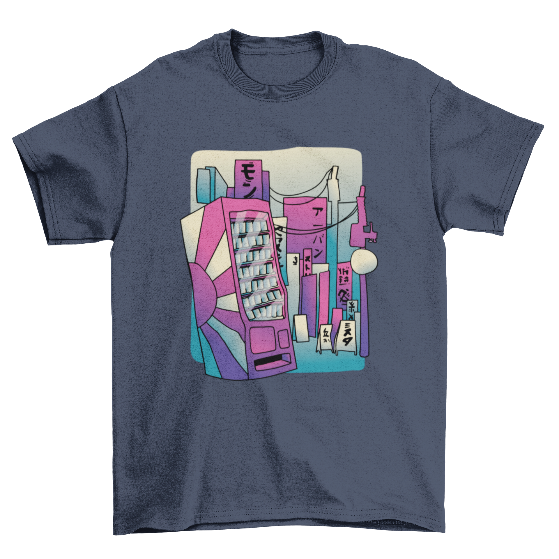 A stylish t-shirt featuring a colorful vending machine design set against Japanese street signs.