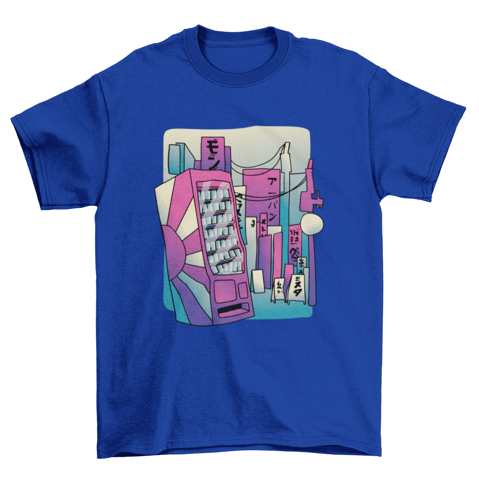 A stylish t-shirt featuring a colorful vending machine design set against Japanese street signs.