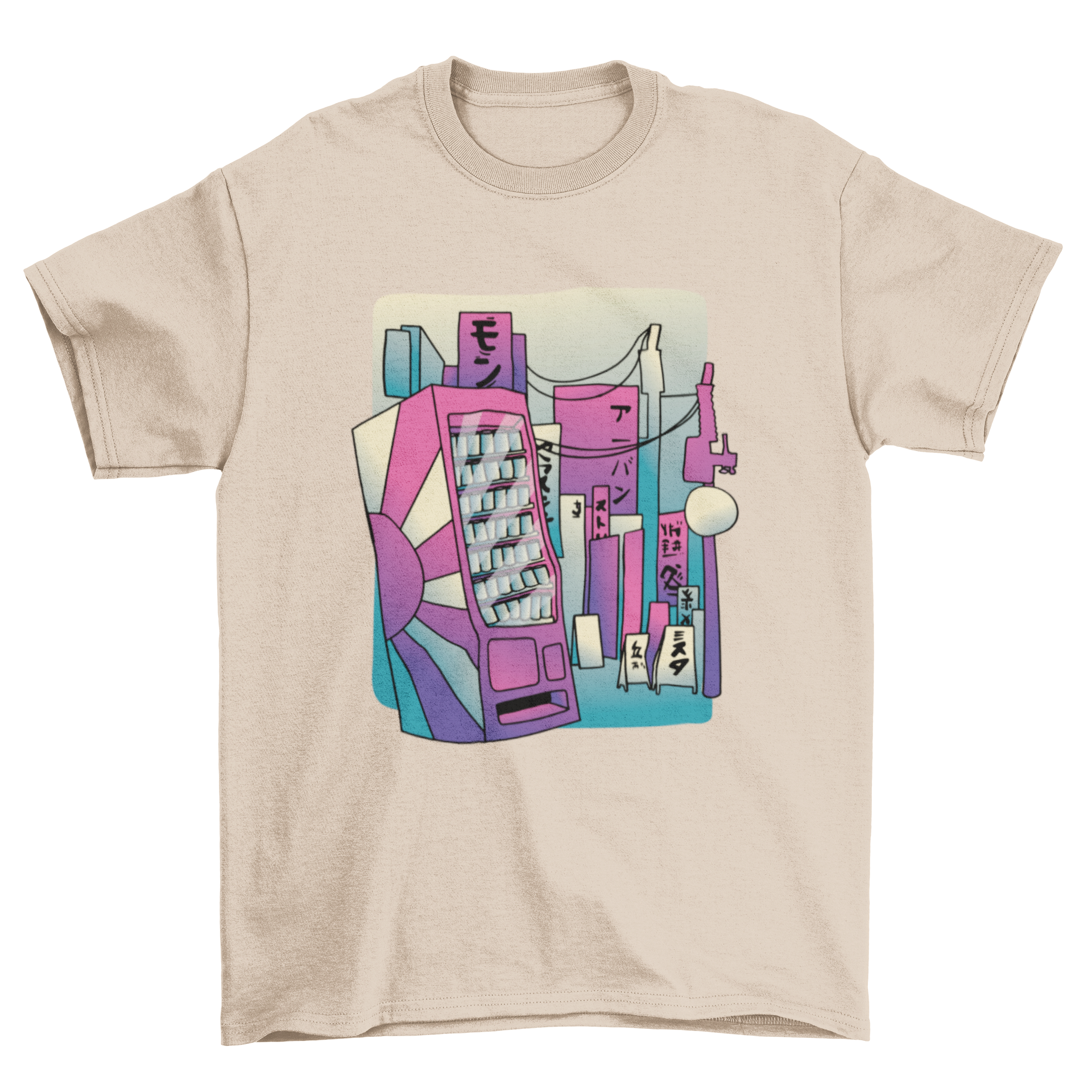 A stylish t-shirt featuring a colorful vending machine design set against Japanese street signs.