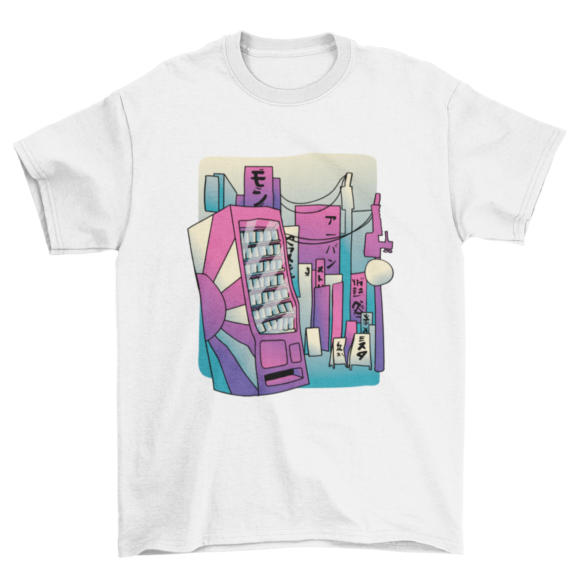 A stylish t-shirt featuring a colorful vending machine design set against Japanese street signs.